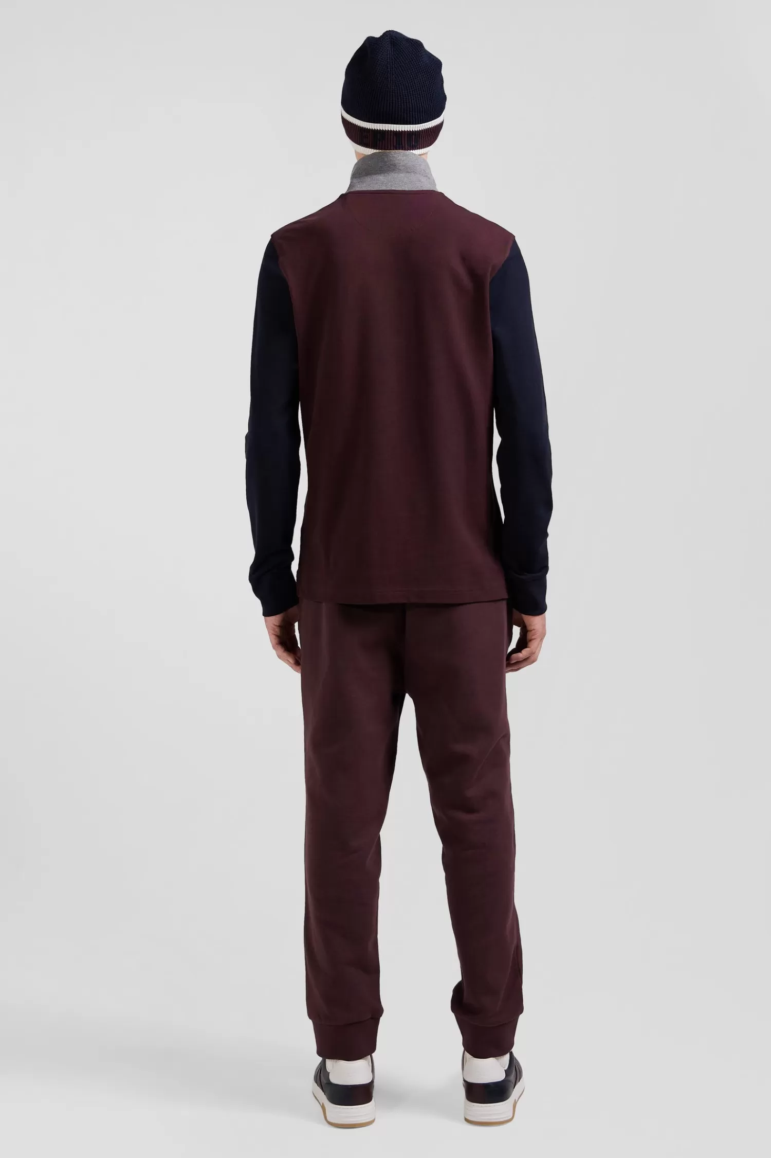 Eden Park Regular burgundy bicolor long-sleeved cotton piqué polo shirt with jacquard collar< Polos