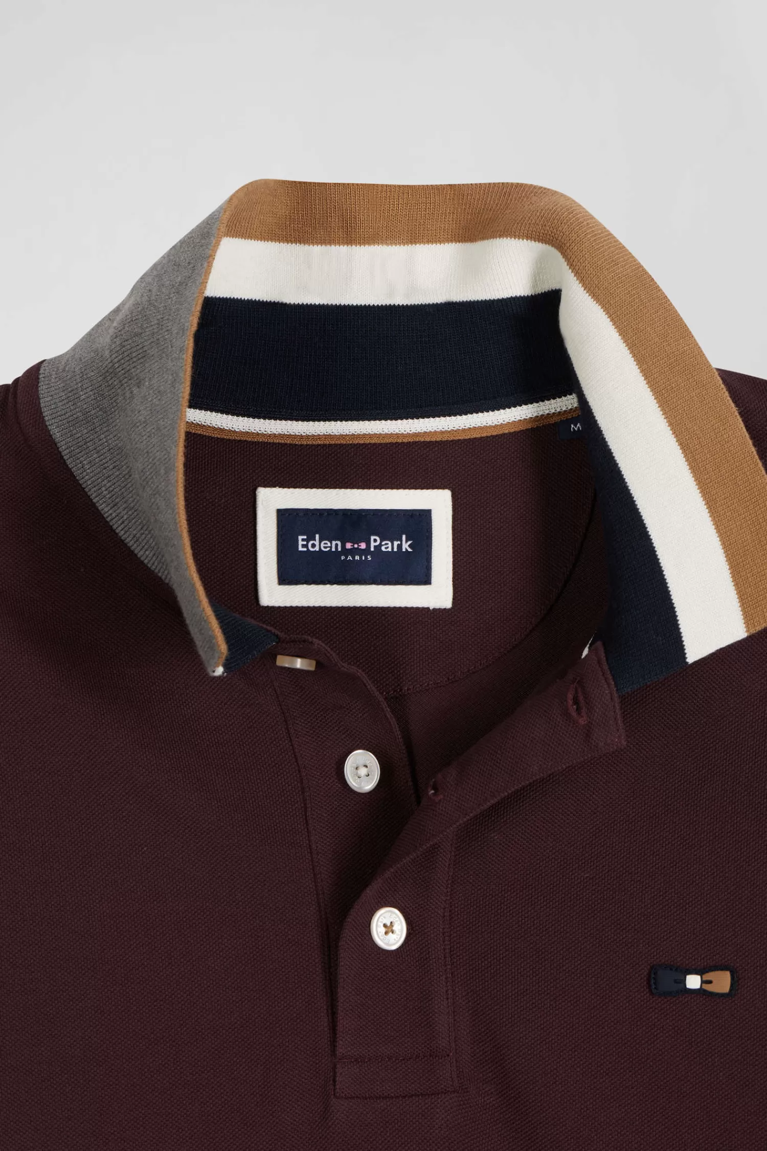 Eden Park Regular burgundy bicolor long-sleeved cotton piqué polo shirt with jacquard collar< Polos