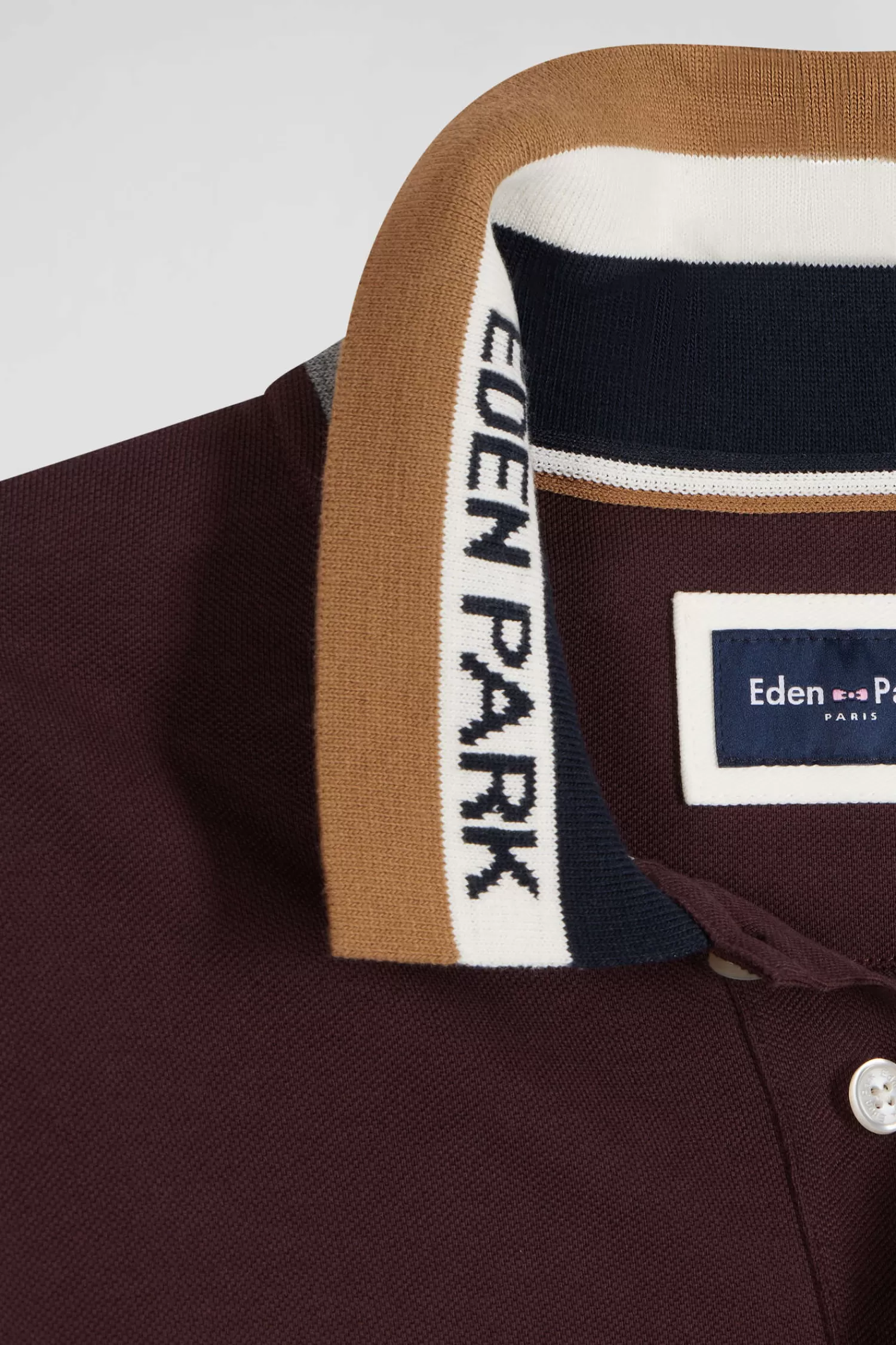 Eden Park Regular burgundy bicolor long-sleeved cotton piqué polo shirt with jacquard collar< Polos
