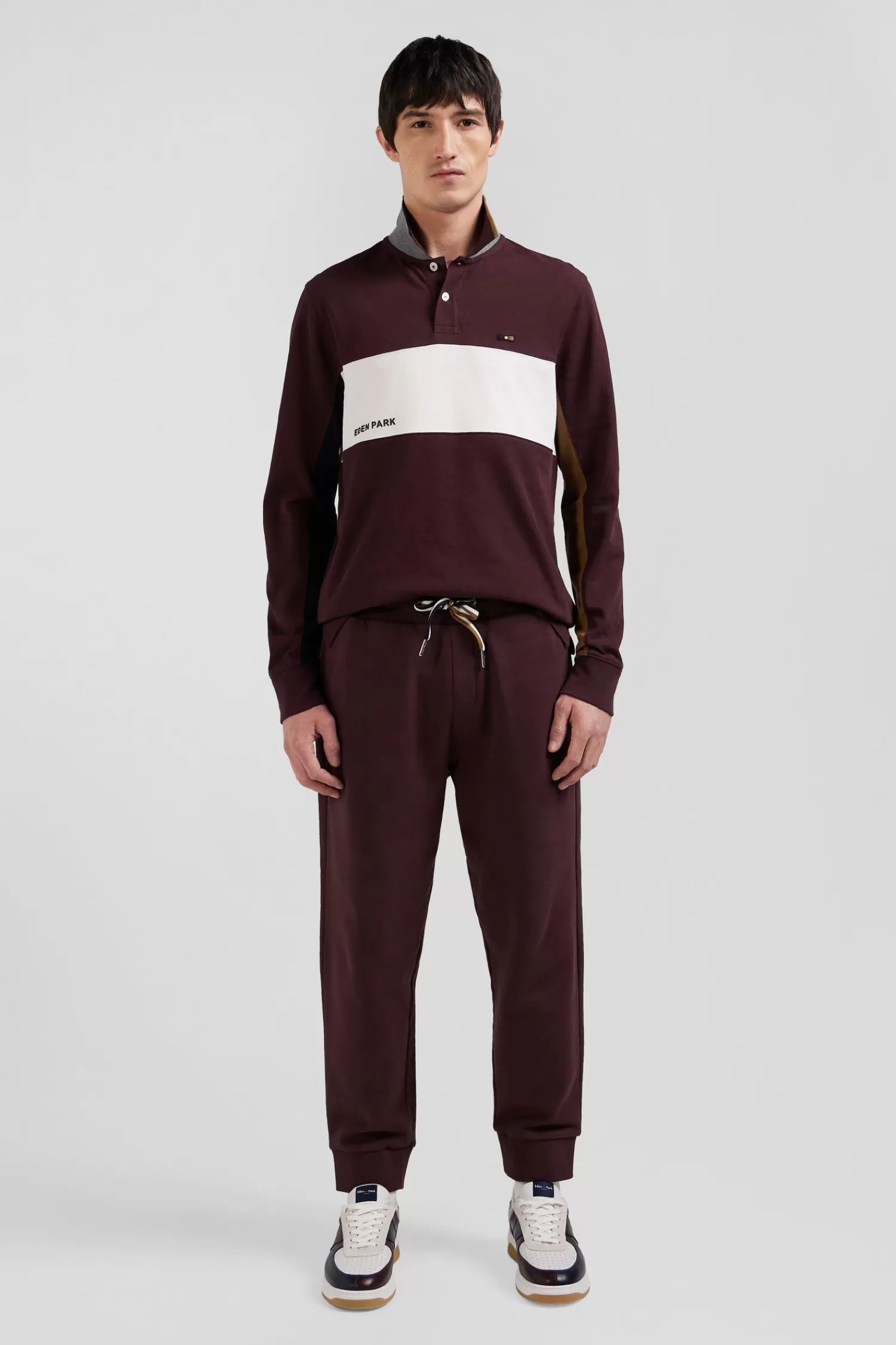 Eden Park Regular burgundy colorblock long-sleeved cotton piqué polo shirt< Polos