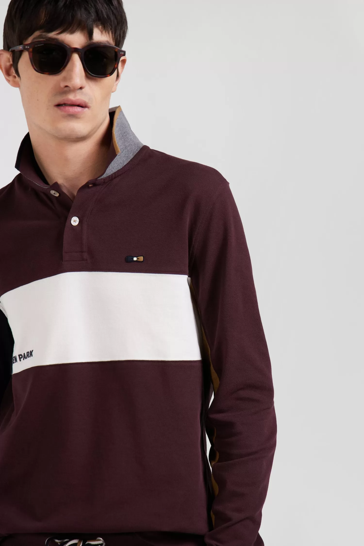 Eden Park Regular burgundy colorblock long-sleeved cotton piqué polo shirt< Polos