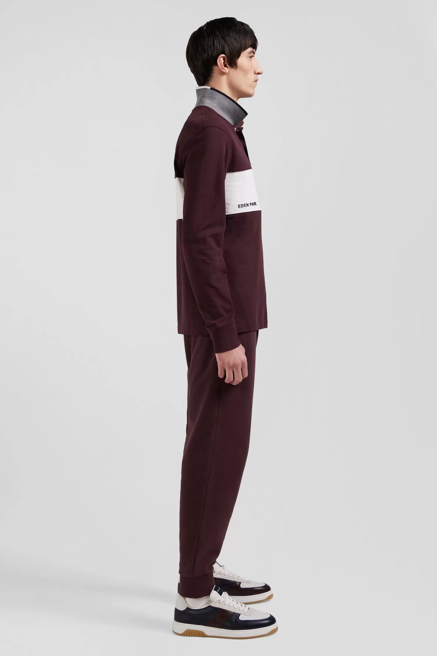 Eden Park Regular burgundy colorblock long-sleeved cotton piqué polo shirt< Polos
