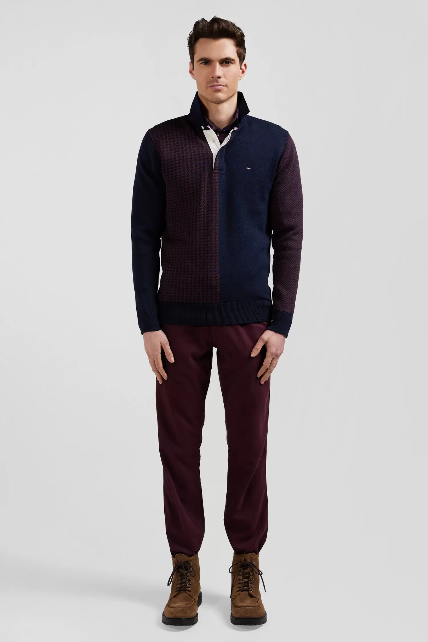 Eden Park Regular burgundy cotton jumper with houndstooth jacquard and rugby shirt collar< Sweaters