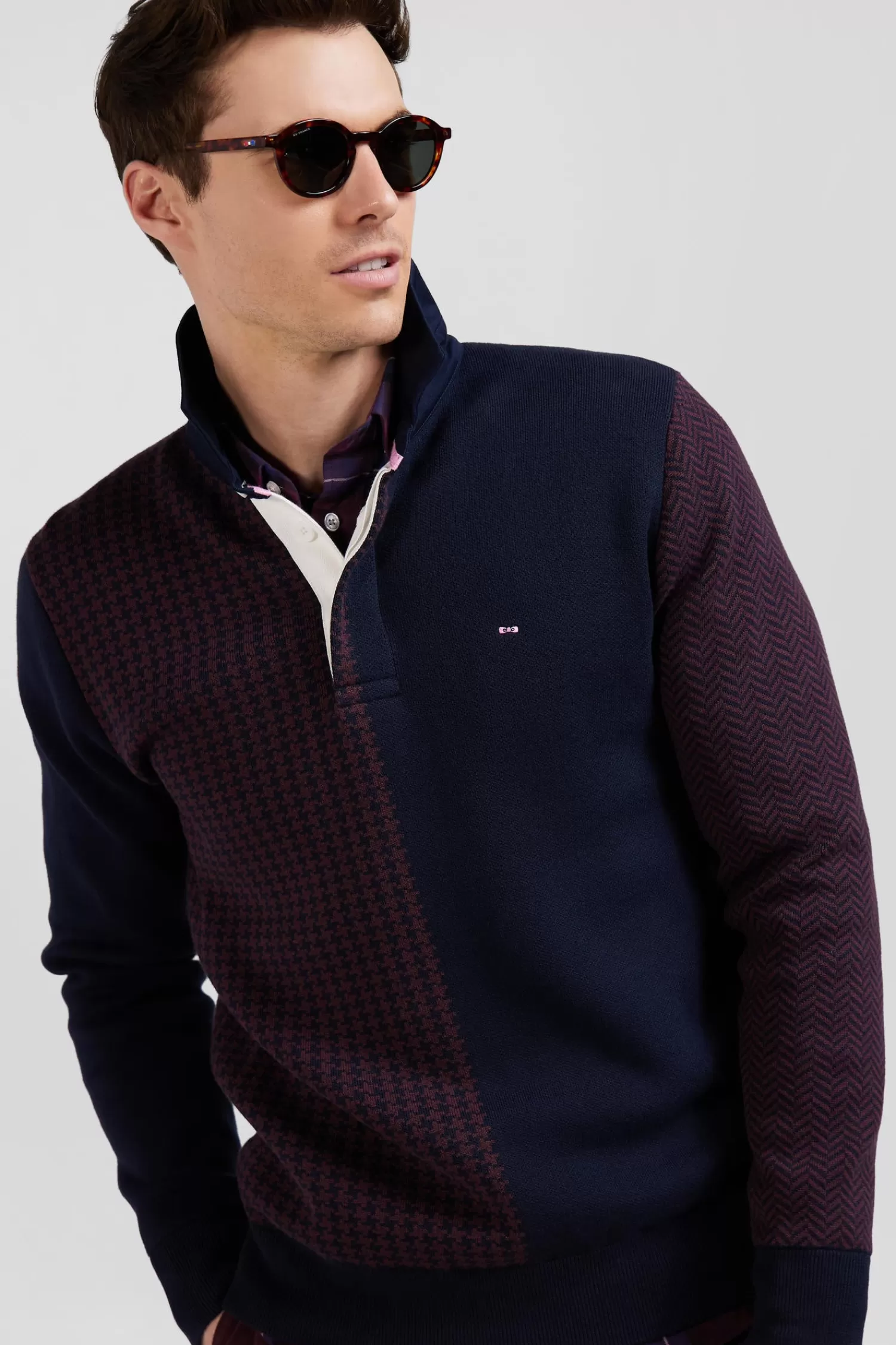 Eden Park Regular burgundy cotton jumper with houndstooth jacquard and rugby shirt collar< Sweaters