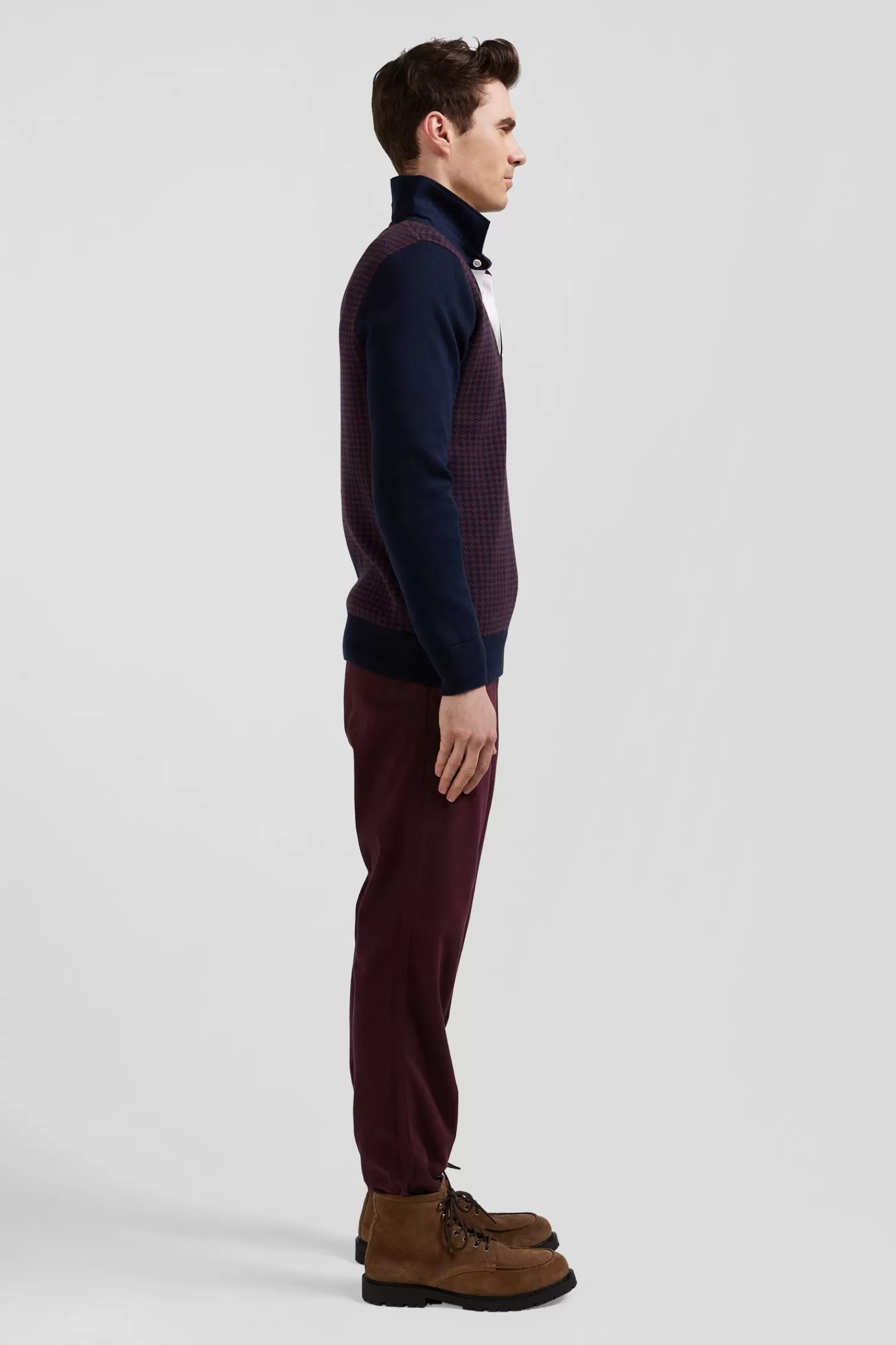 Eden Park Regular burgundy cotton jumper with houndstooth jacquard and rugby shirt collar< Sweaters