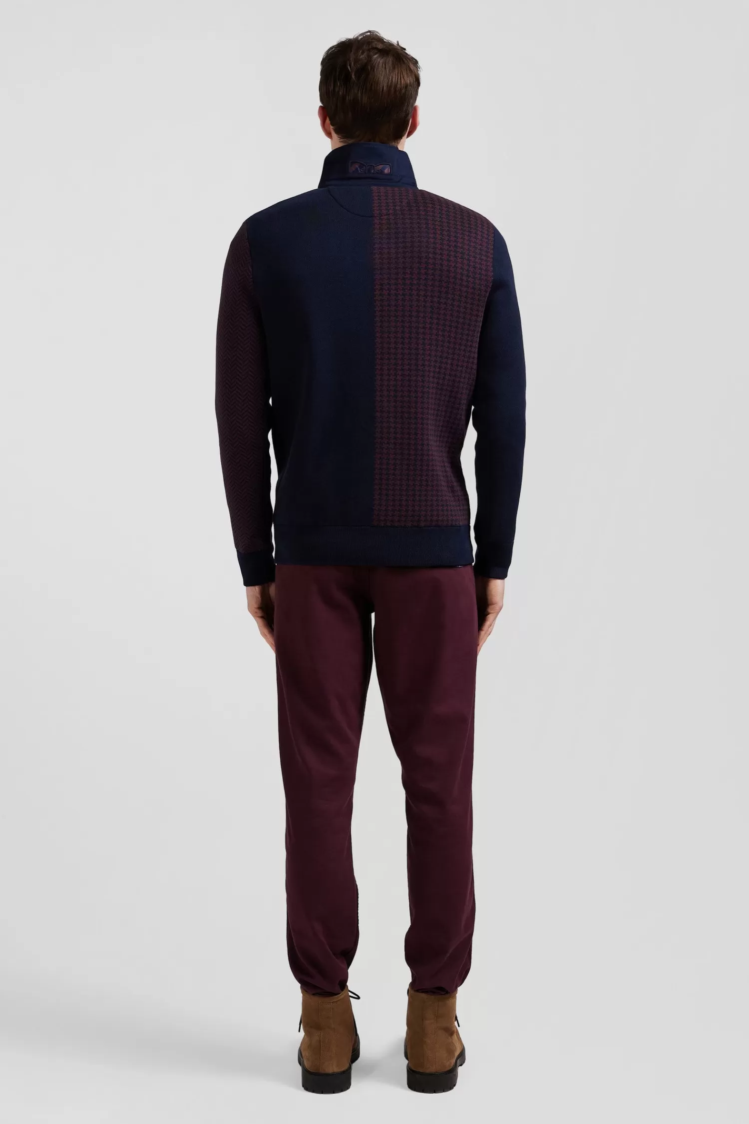 Eden Park Regular burgundy cotton jumper with houndstooth jacquard and rugby shirt collar< Sweaters