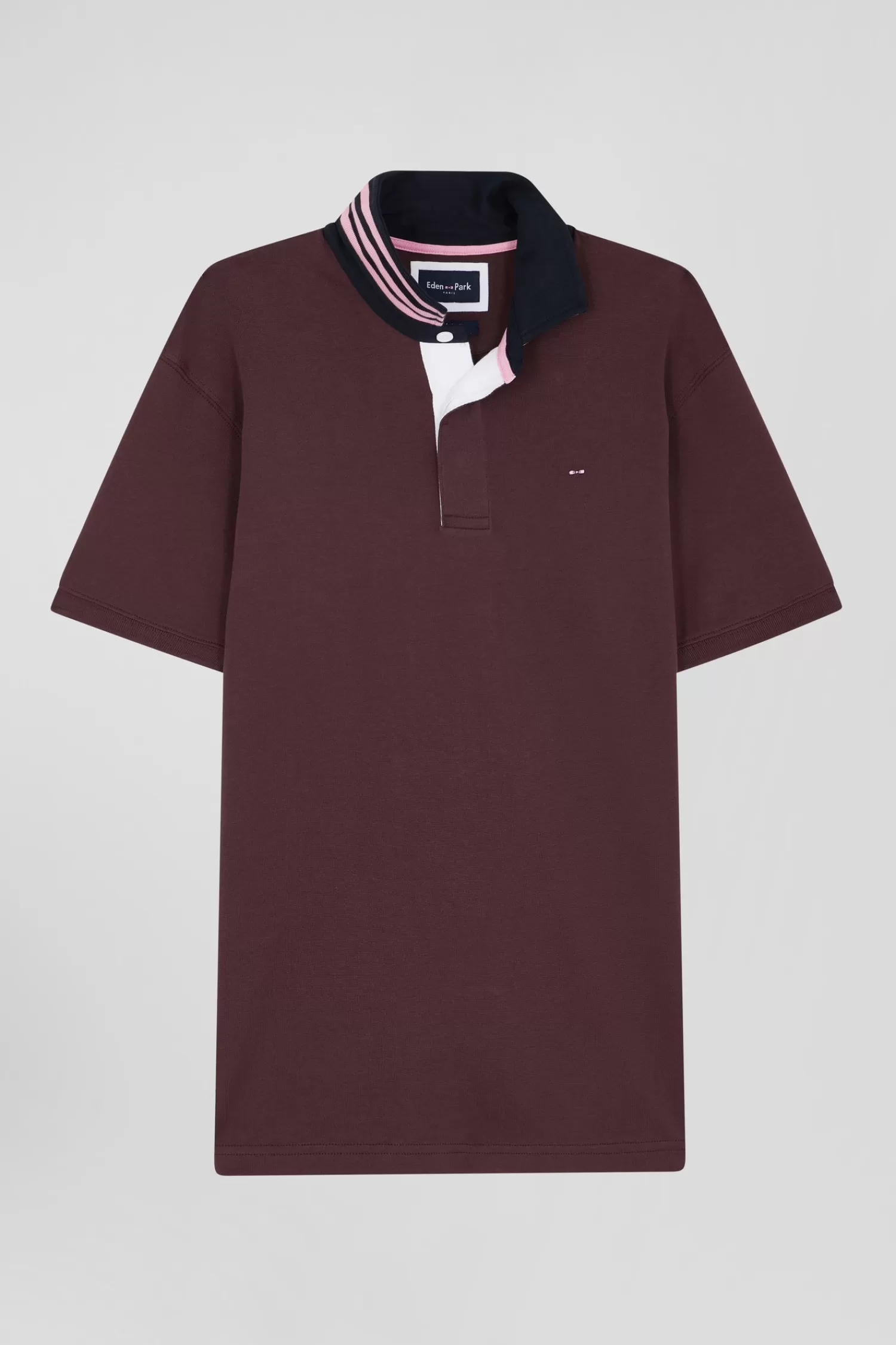 Eden Park Regular burgundy cotton rugby shirt with striped undercollar< Rugby Shirts