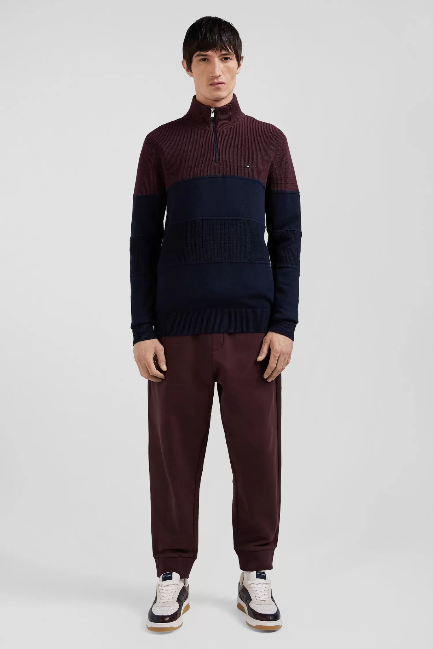 Eden Park Regular burgundy cotton semi-zipped jumper with knit patterns< Sweaters