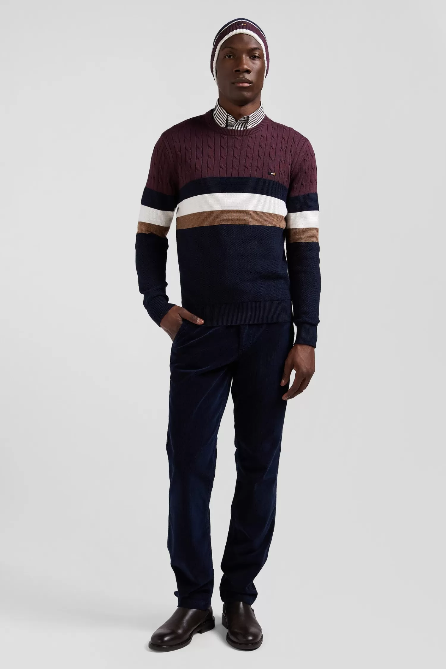 Eden Park Regular burgundy fancy knit cotton crew neck jumper< Sweaters