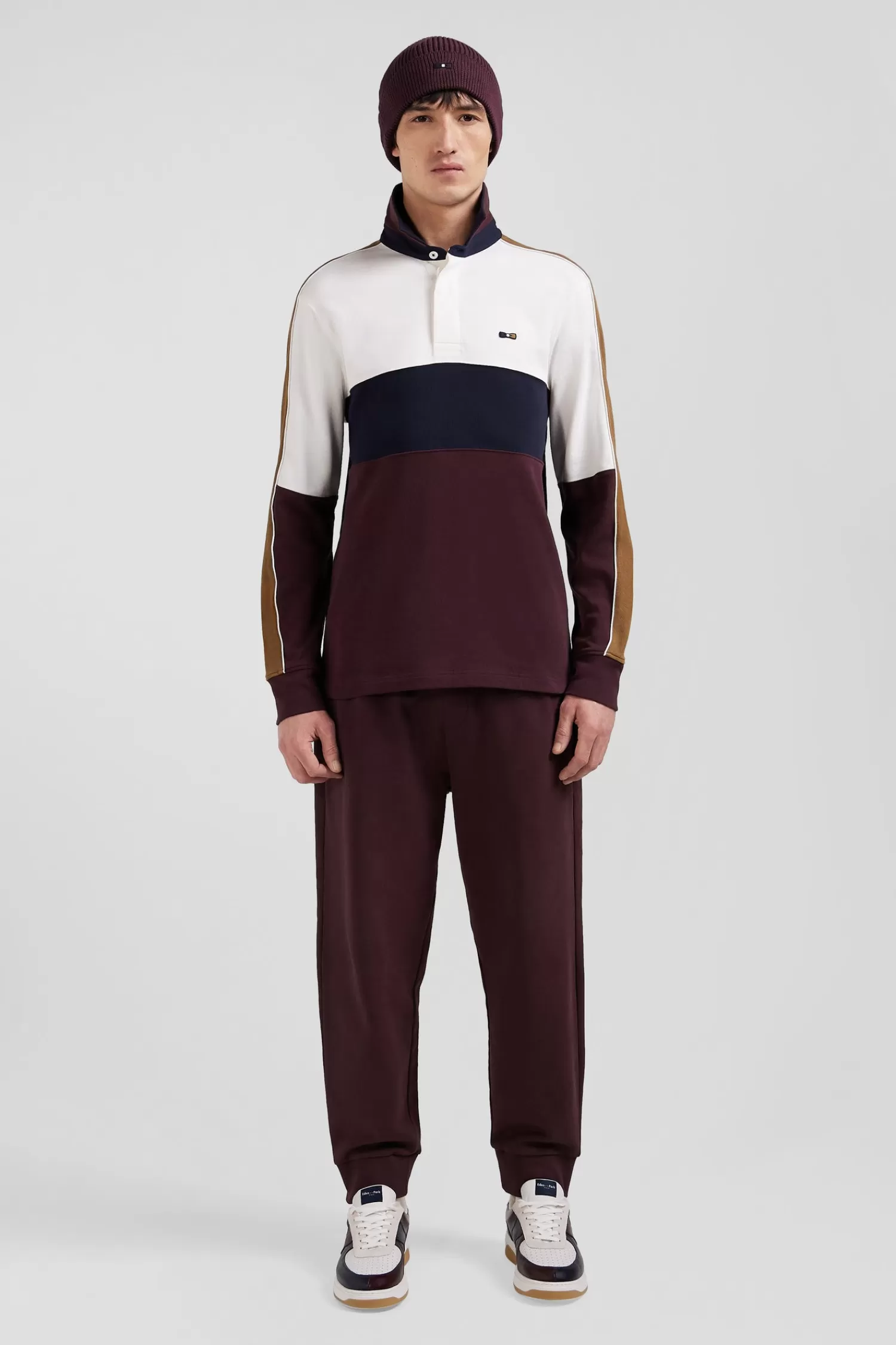 Eden Park Regular burgundy long-sleeved cotton rugby shirt with back embroidery and piping< Rugby Shirts