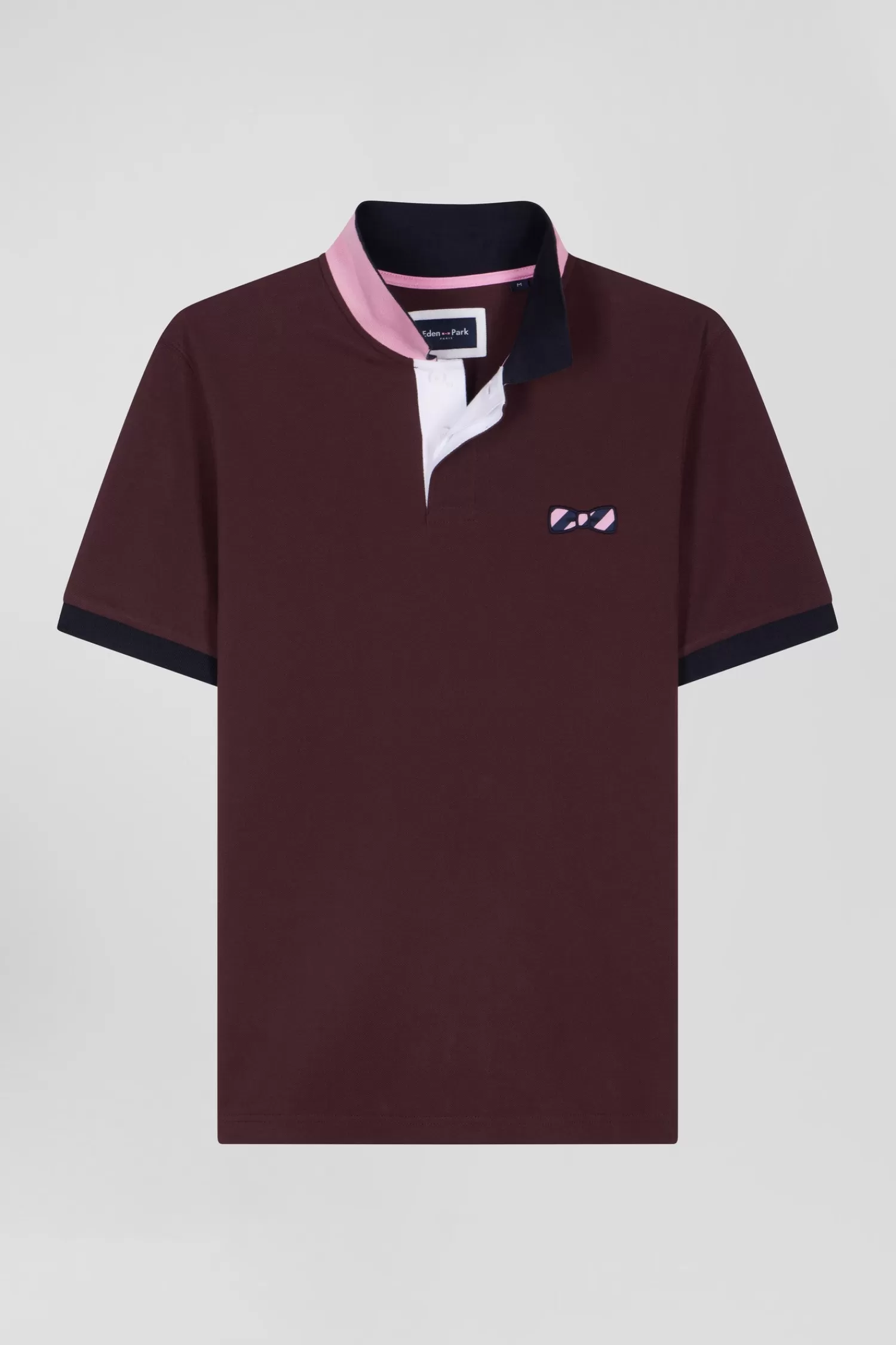 Eden Park Regular burgundy short-sleeved cotton piqué polo shirt with striped embroidery< Polos