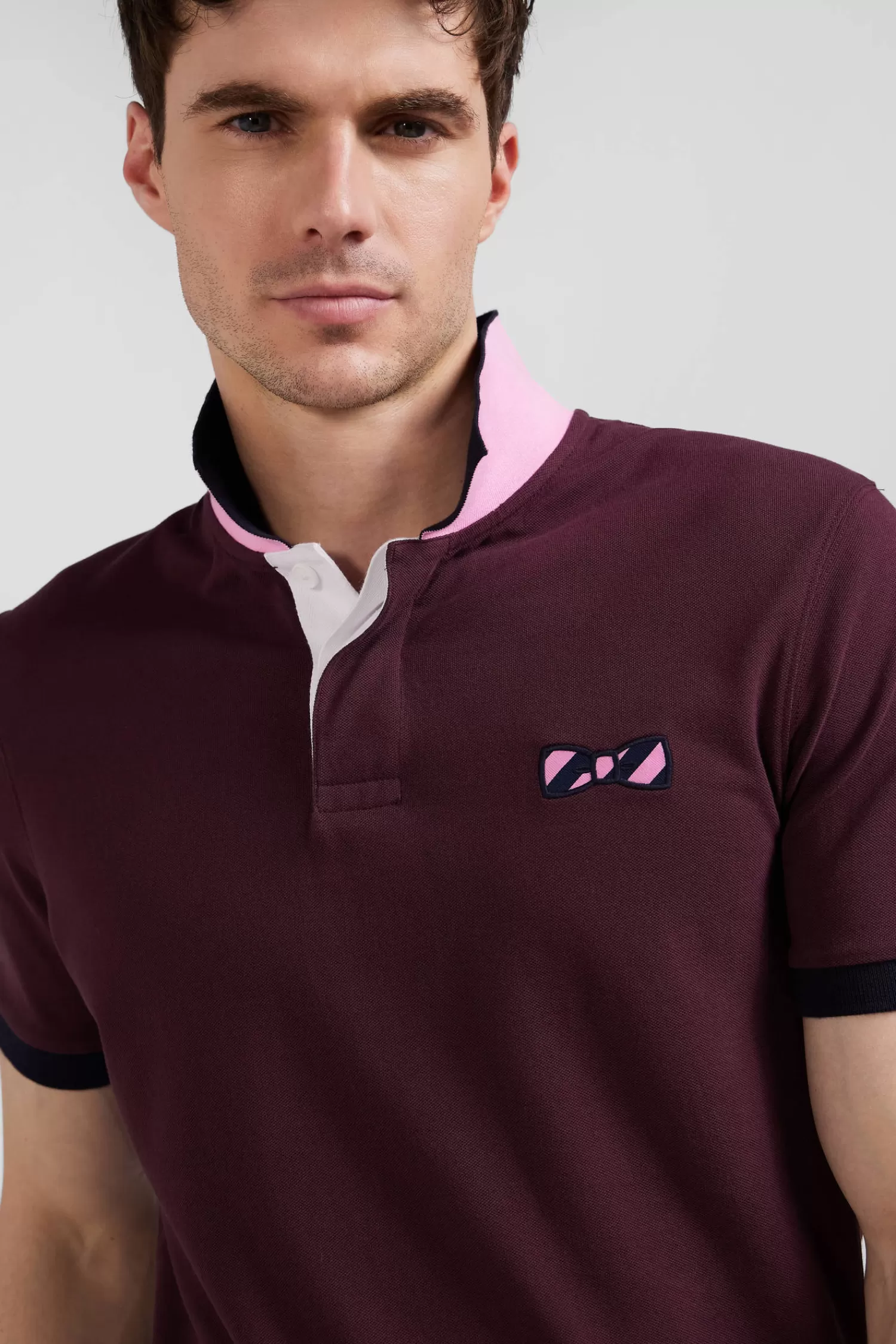 Eden Park Regular burgundy short-sleeved cotton piqué polo shirt with striped embroidery< Polos
