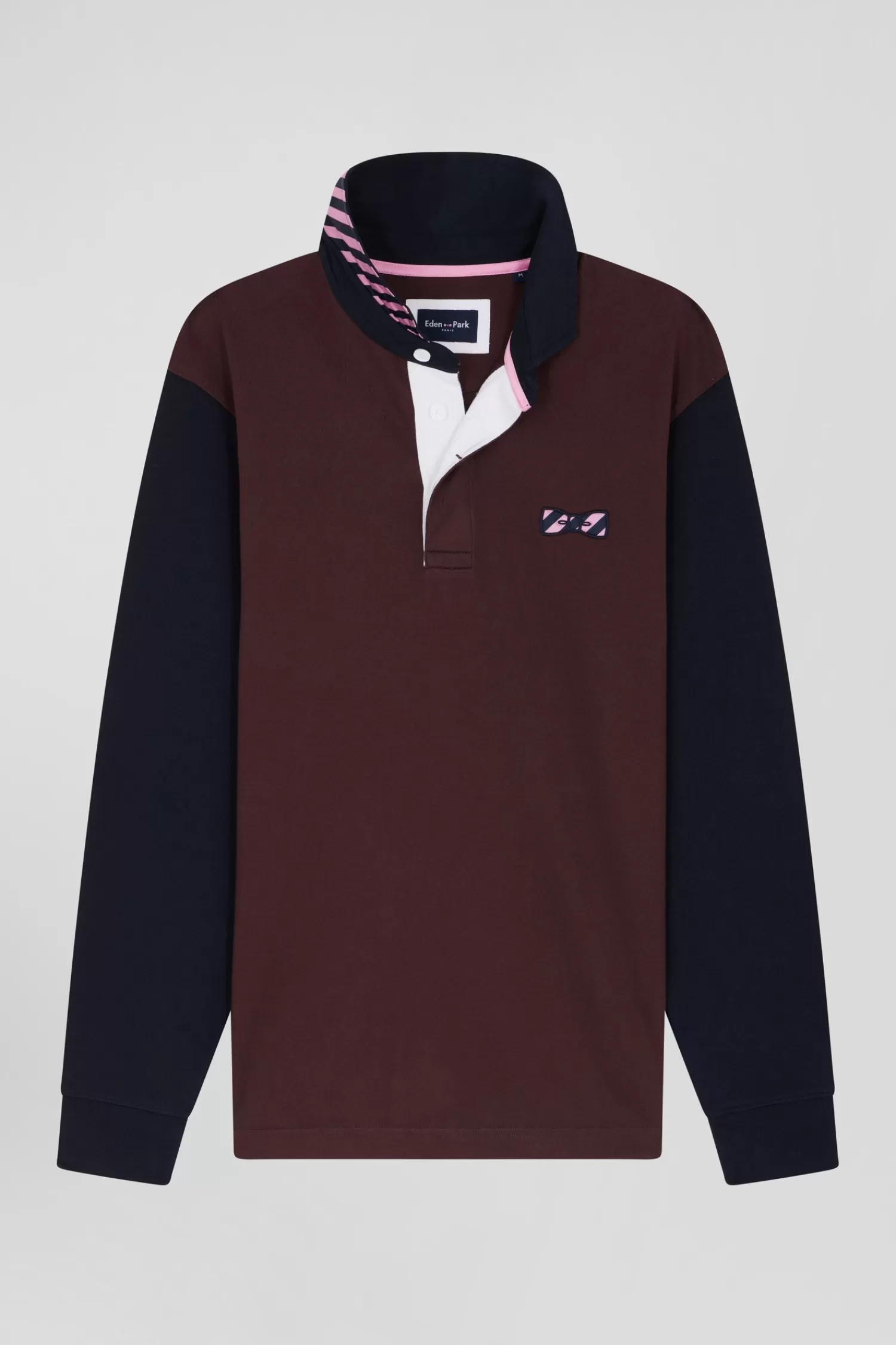 Eden Park Regular burgundy striped long-sleeved cotton rugby shirt with tie fabric patchwork< Rugby Shirts