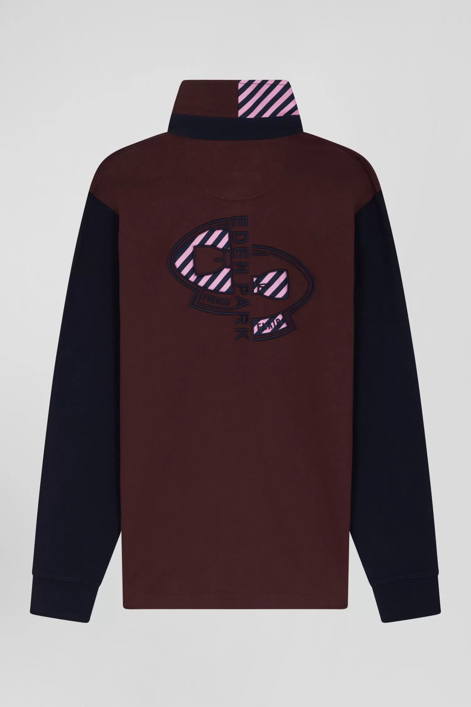 Eden Park Regular burgundy striped long-sleeved cotton rugby shirt with tie fabric patchwork< Rugby Shirts