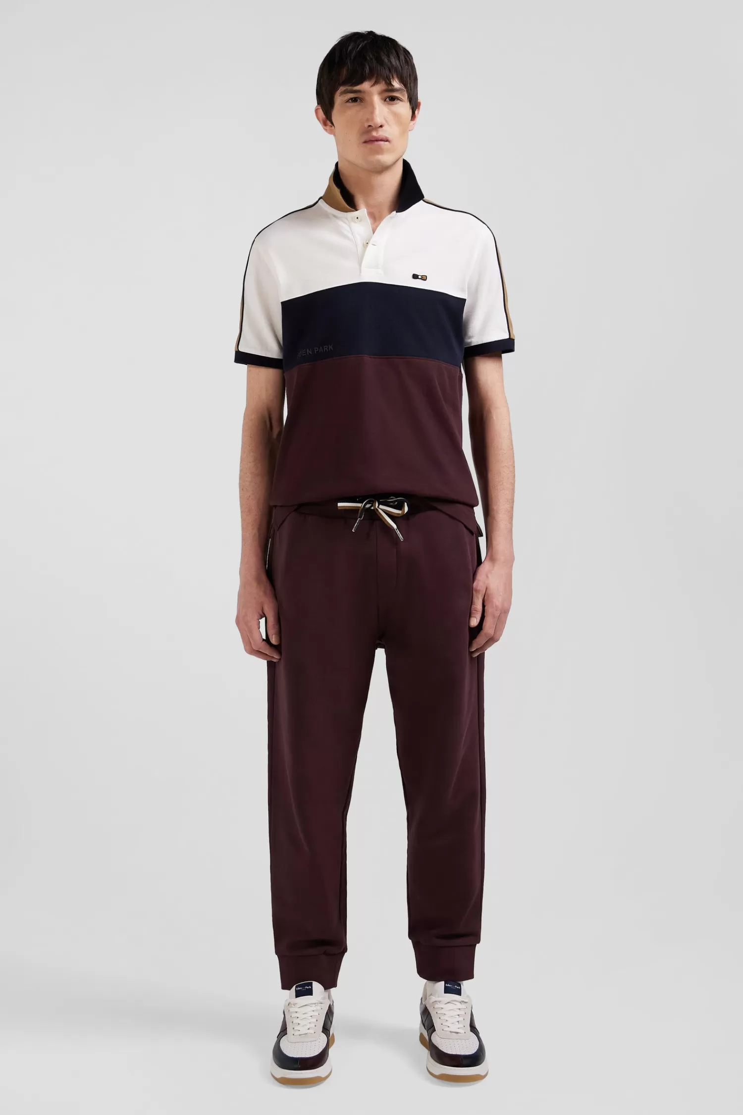 Eden Park Regular burgundy tricolor short-sleeved cotton piqué polo shirt with lettering< Polos