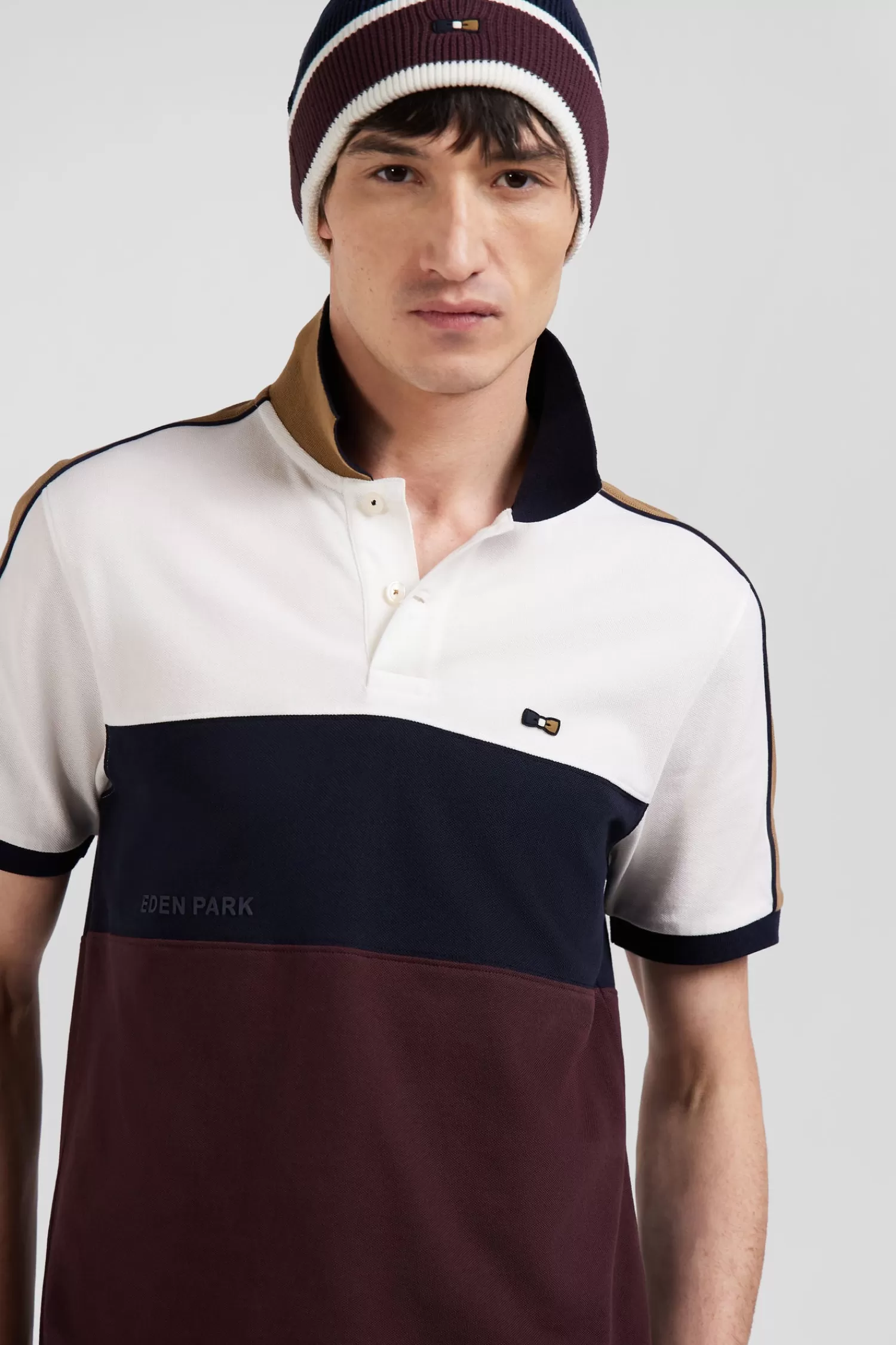 Eden Park Regular burgundy tricolor short-sleeved cotton piqué polo shirt with lettering< Polos