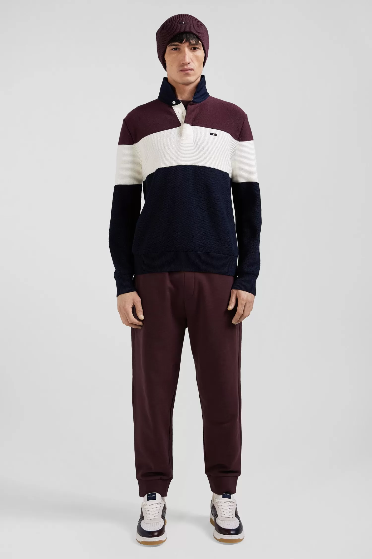 Eden Park Regular burgundy wool and cotton jumper with knit patterns and rugby shirt collar< Sweaters