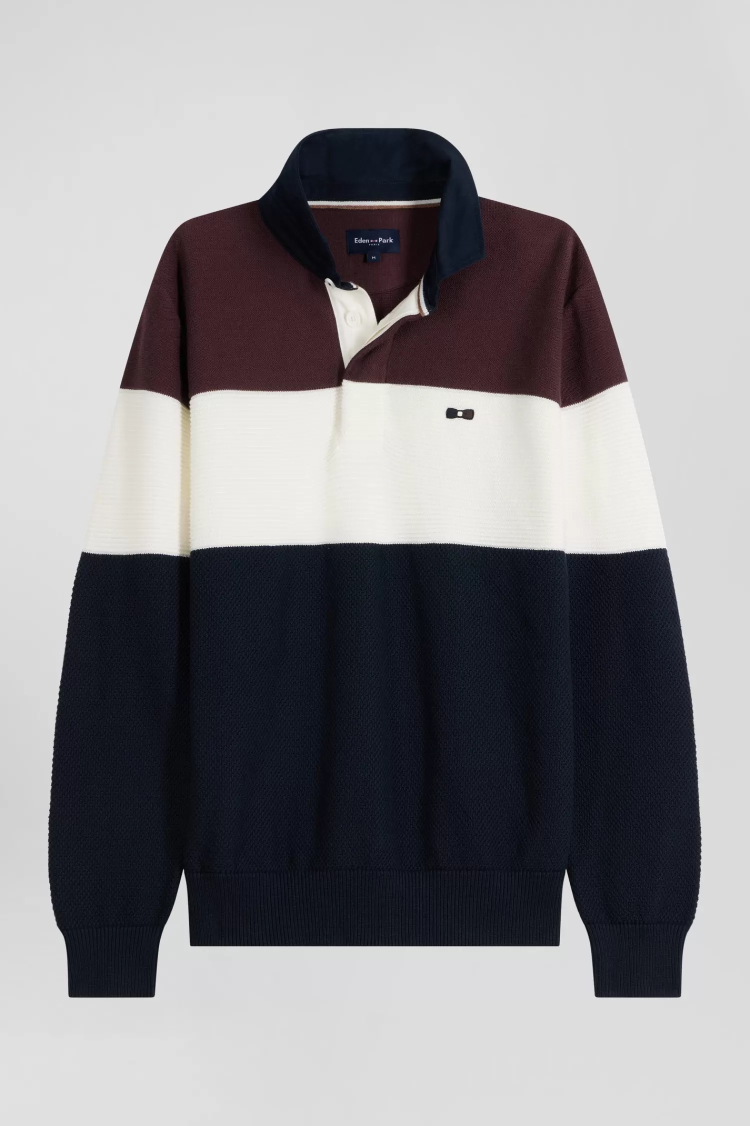 Eden Park Regular burgundy wool and cotton jumper with knit patterns and rugby shirt collar< Sweaters