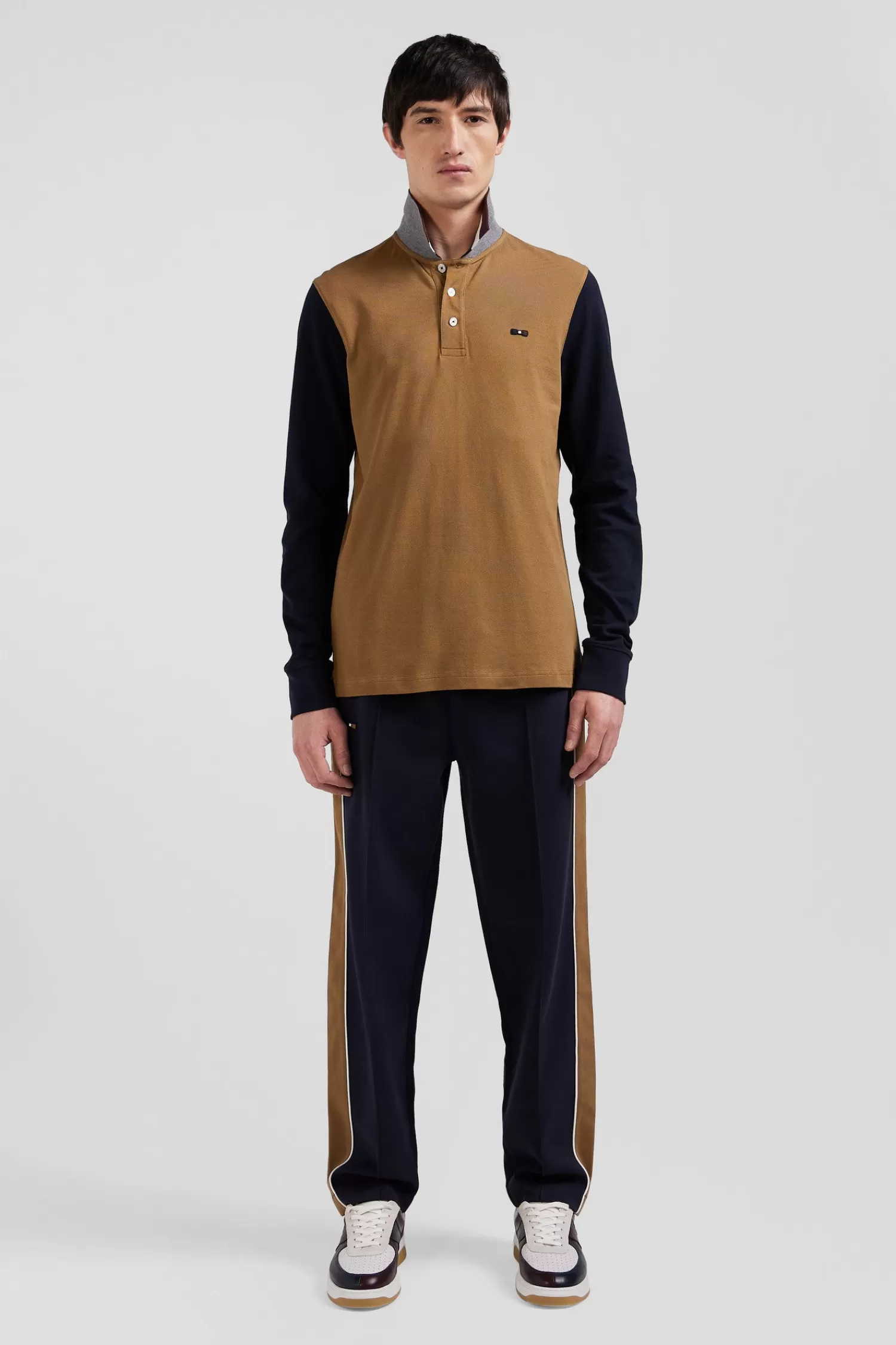 Eden Park Regular camel bicolor long-sleeved cotton piqué polo shirt with jacquard collar< Polos