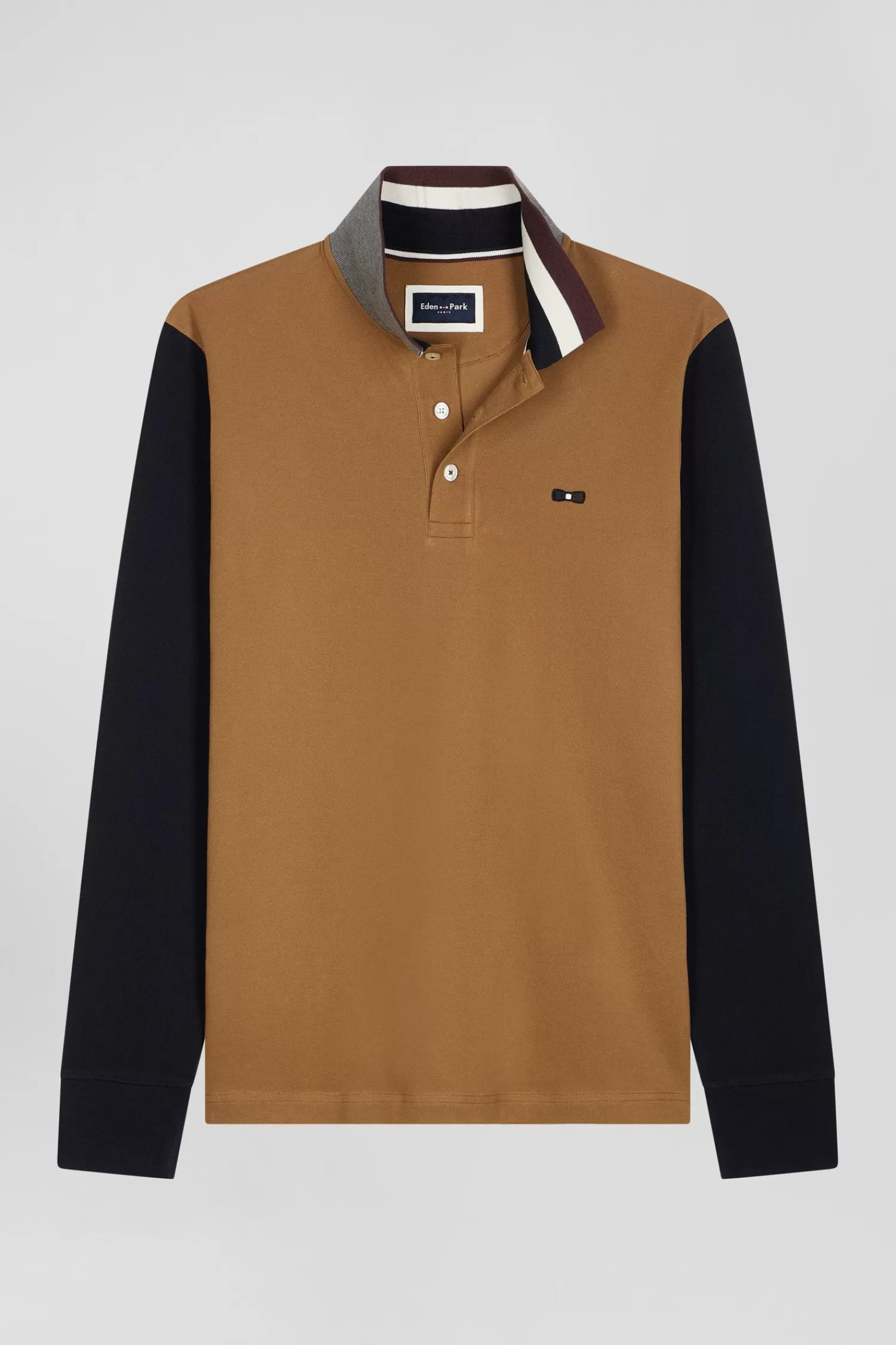 Eden Park Regular camel bicolor long-sleeved cotton piqué polo shirt with jacquard collar< Polos