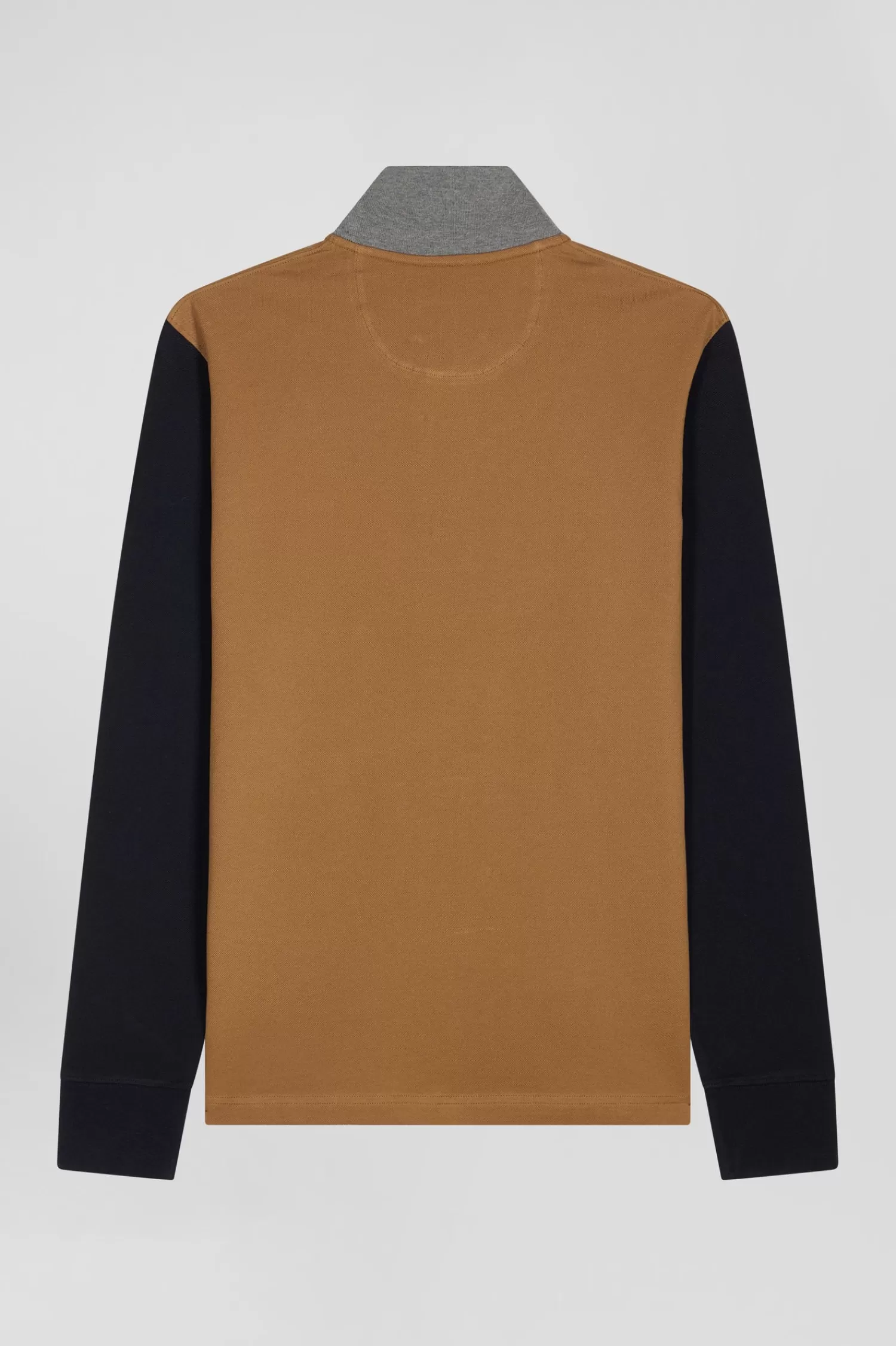 Eden Park Regular camel bicolor long-sleeved cotton piqué polo shirt with jacquard collar< Polos