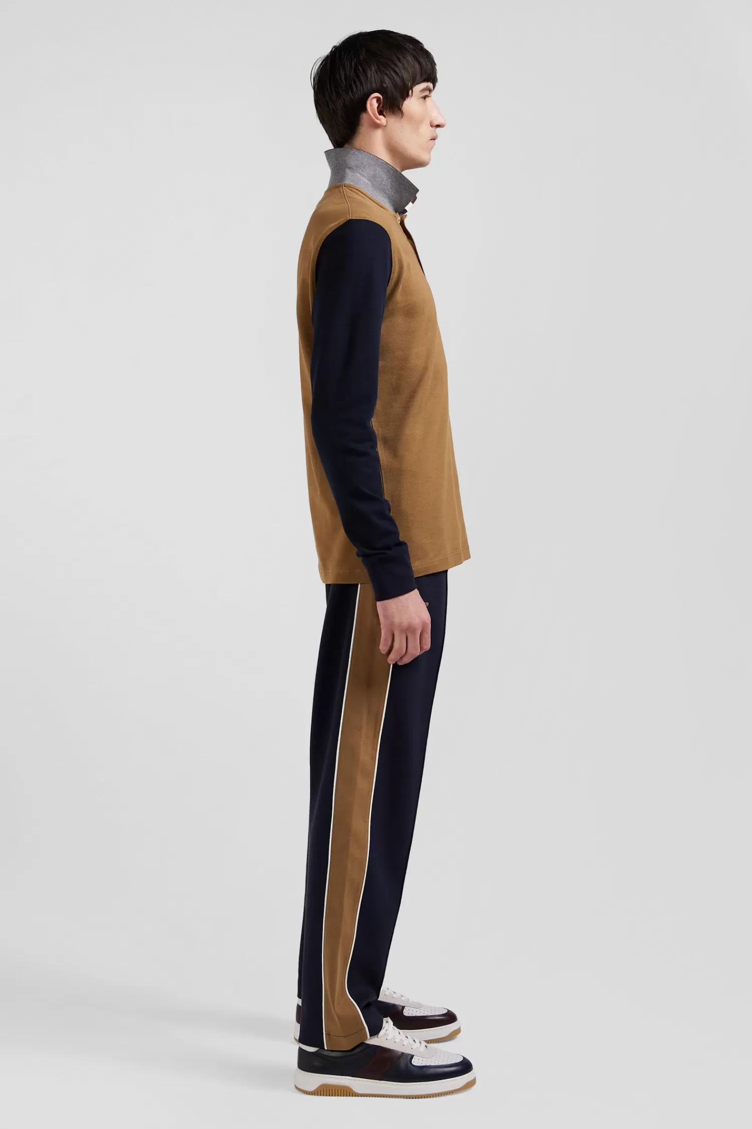 Eden Park Regular camel bicolor long-sleeved cotton piqué polo shirt with jacquard collar< Polos