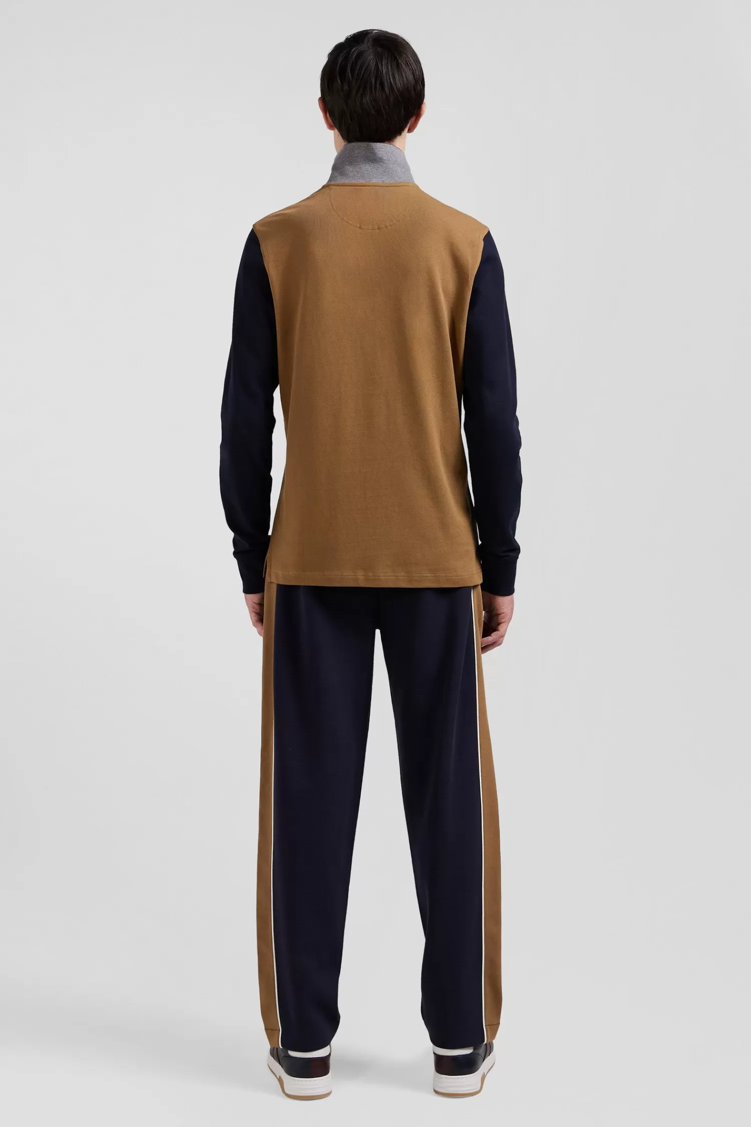 Eden Park Regular camel bicolor long-sleeved cotton piqué polo shirt with jacquard collar< Polos