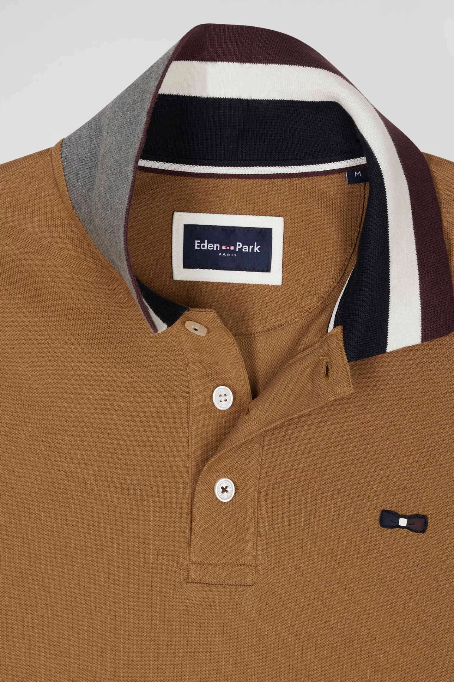 Eden Park Regular camel bicolor long-sleeved cotton piqué polo shirt with jacquard collar< Polos
