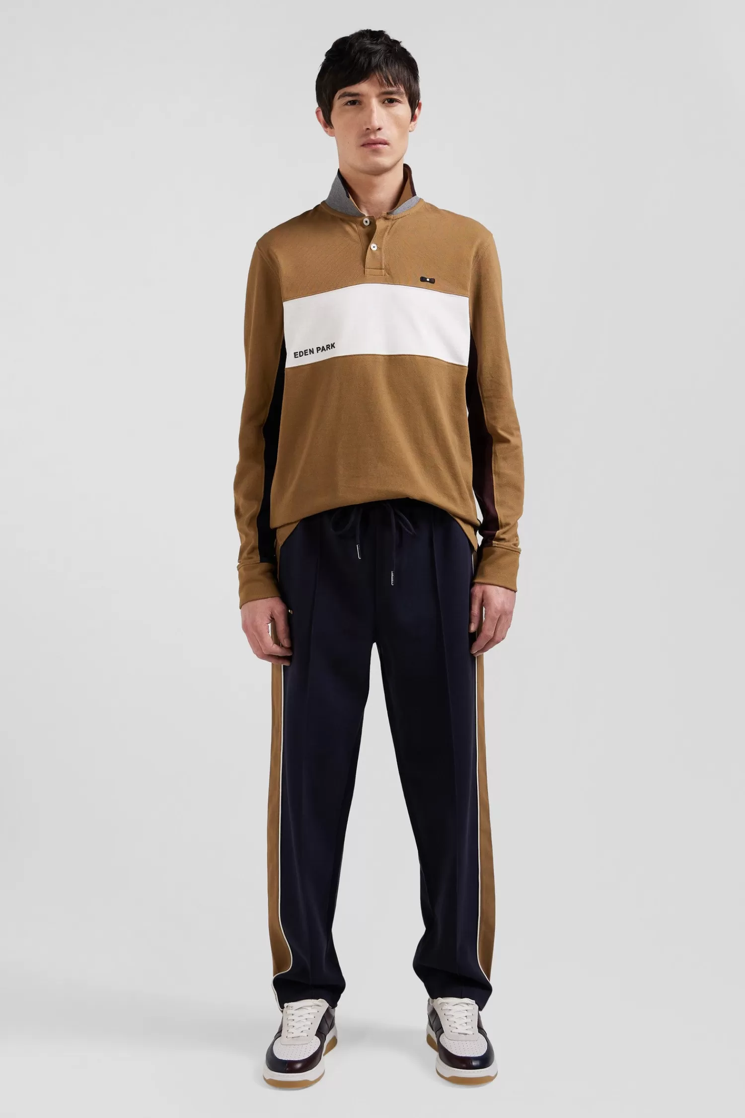Eden Park Regular camel colorblock long-sleeved cotton piqué polo shirt< Polos