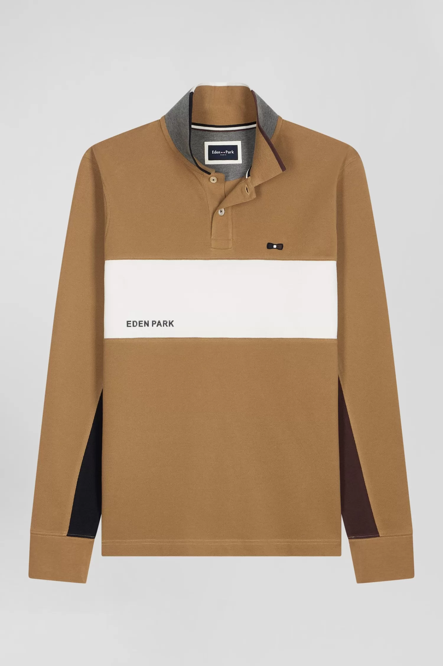 Eden Park Regular camel colorblock long-sleeved cotton piqué polo shirt< Polos