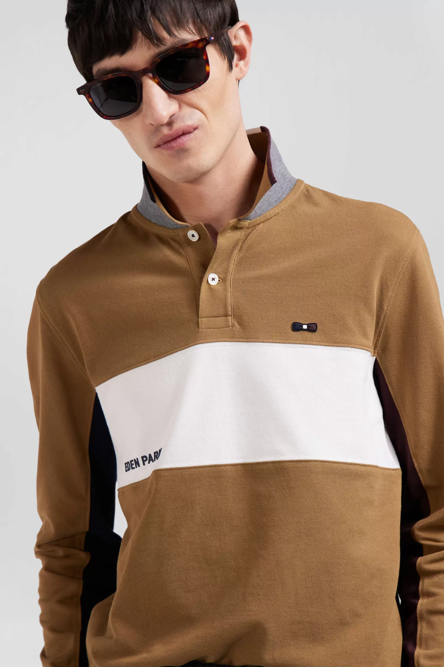 Eden Park Regular camel colorblock long-sleeved cotton piqué polo shirt< Polos