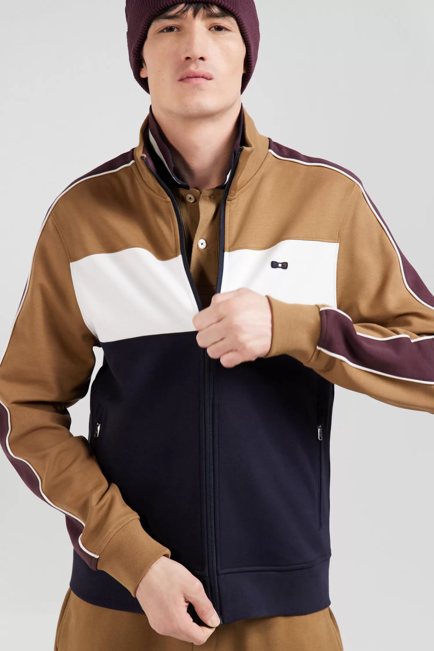 Eden Park Regular camel colorblock zipped cotton blend sweatshirt< Sweatshirts