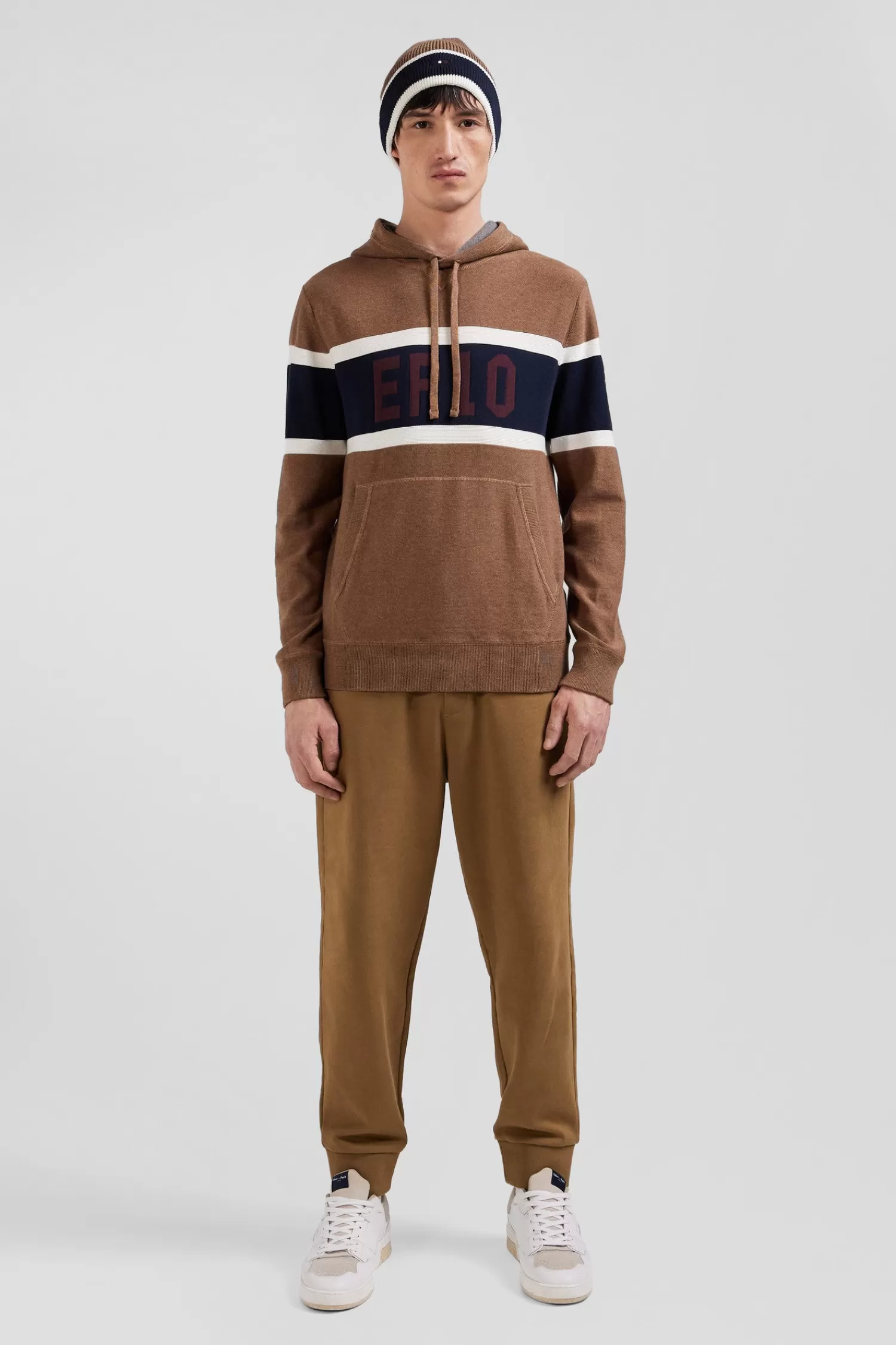Eden Park Regular camel cotton hooded jumper with EP10 jacquard< Sweaters