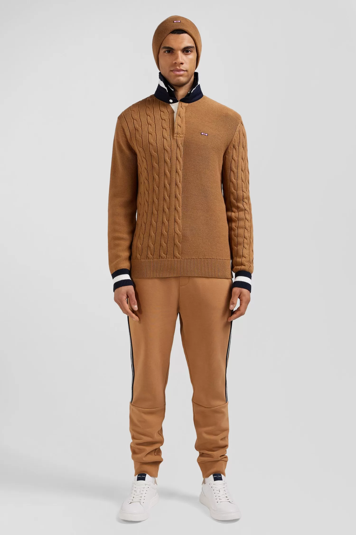Eden Park Regular camel cotton jumper with rugby shirt collar< Sweaters