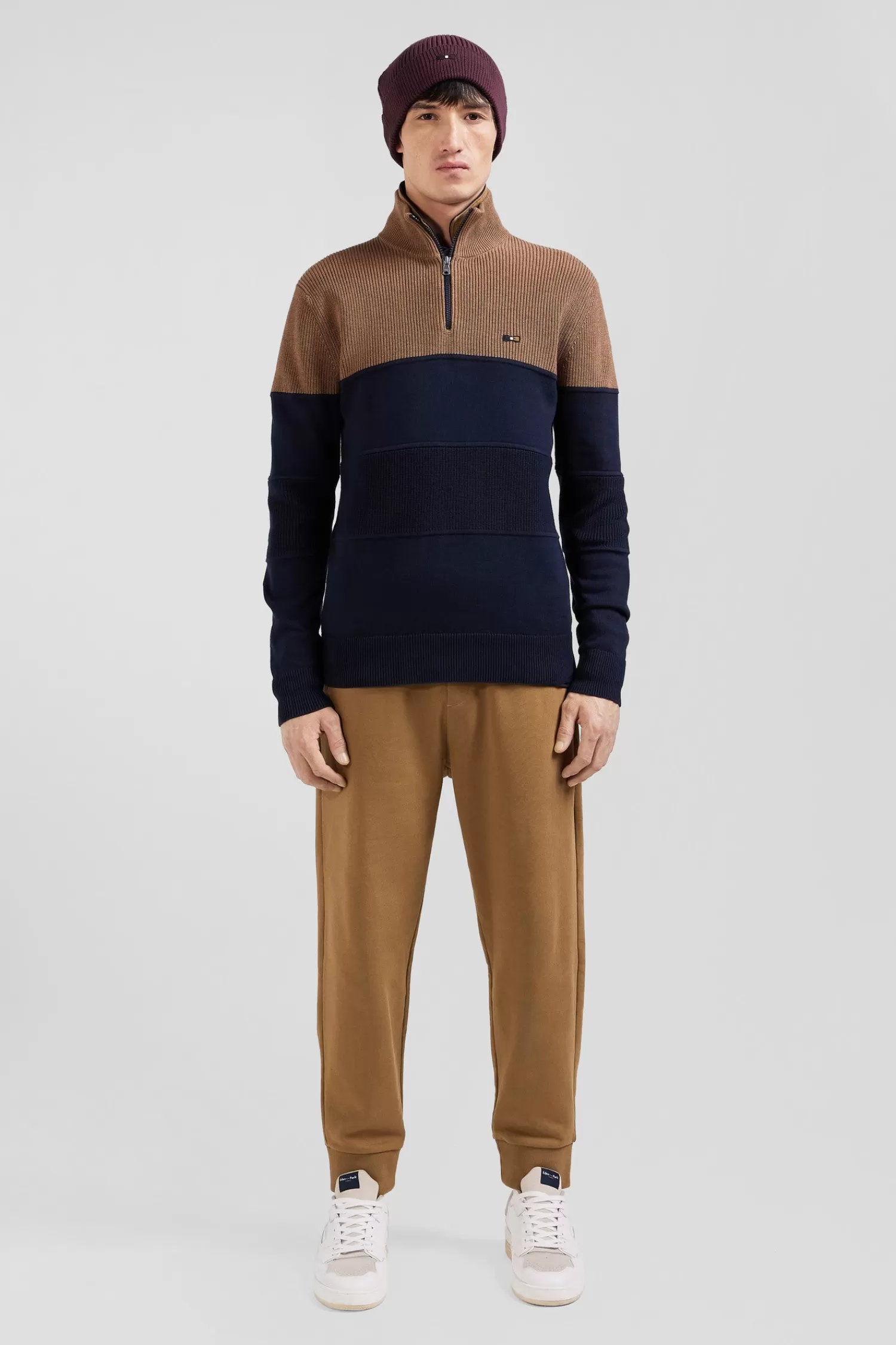 Eden Park Regular camel cotton semi-zipped jumper with knit patterns< Sweaters