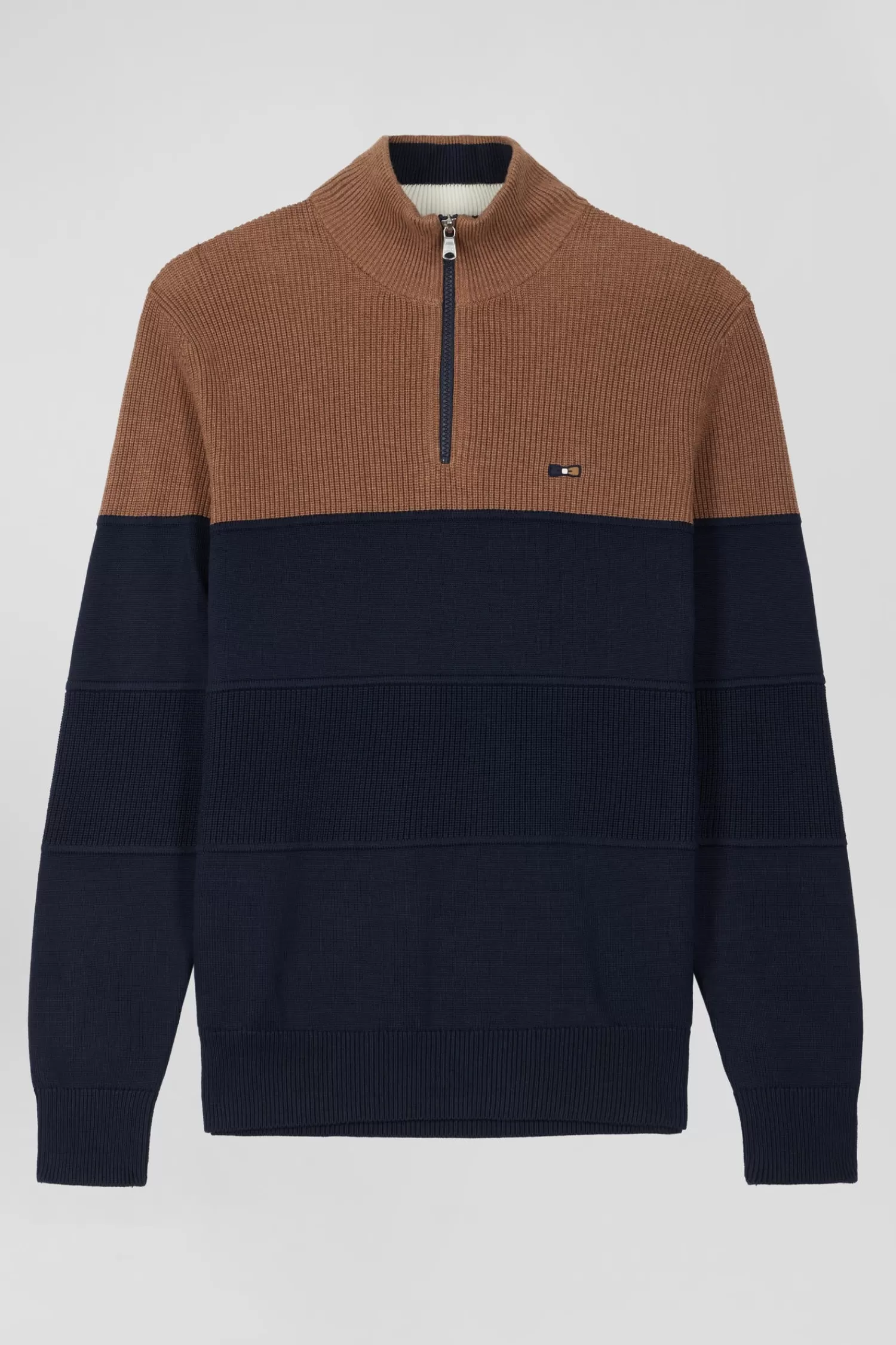 Eden Park Regular camel cotton semi-zipped jumper with knit patterns< Sweaters