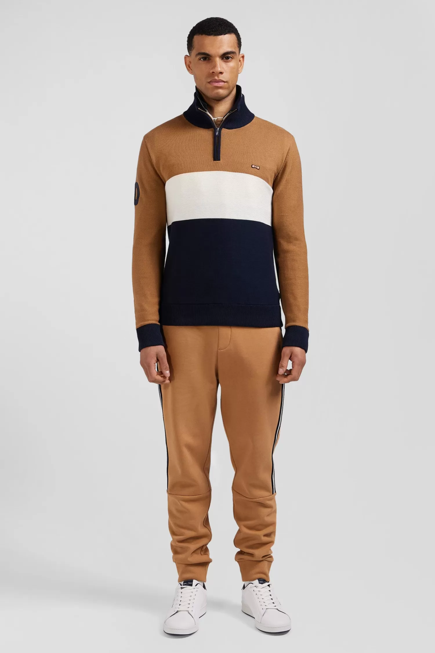 Eden Park Regular camel embroidered semi-zipped colorblock cotton jumper< Sweaters