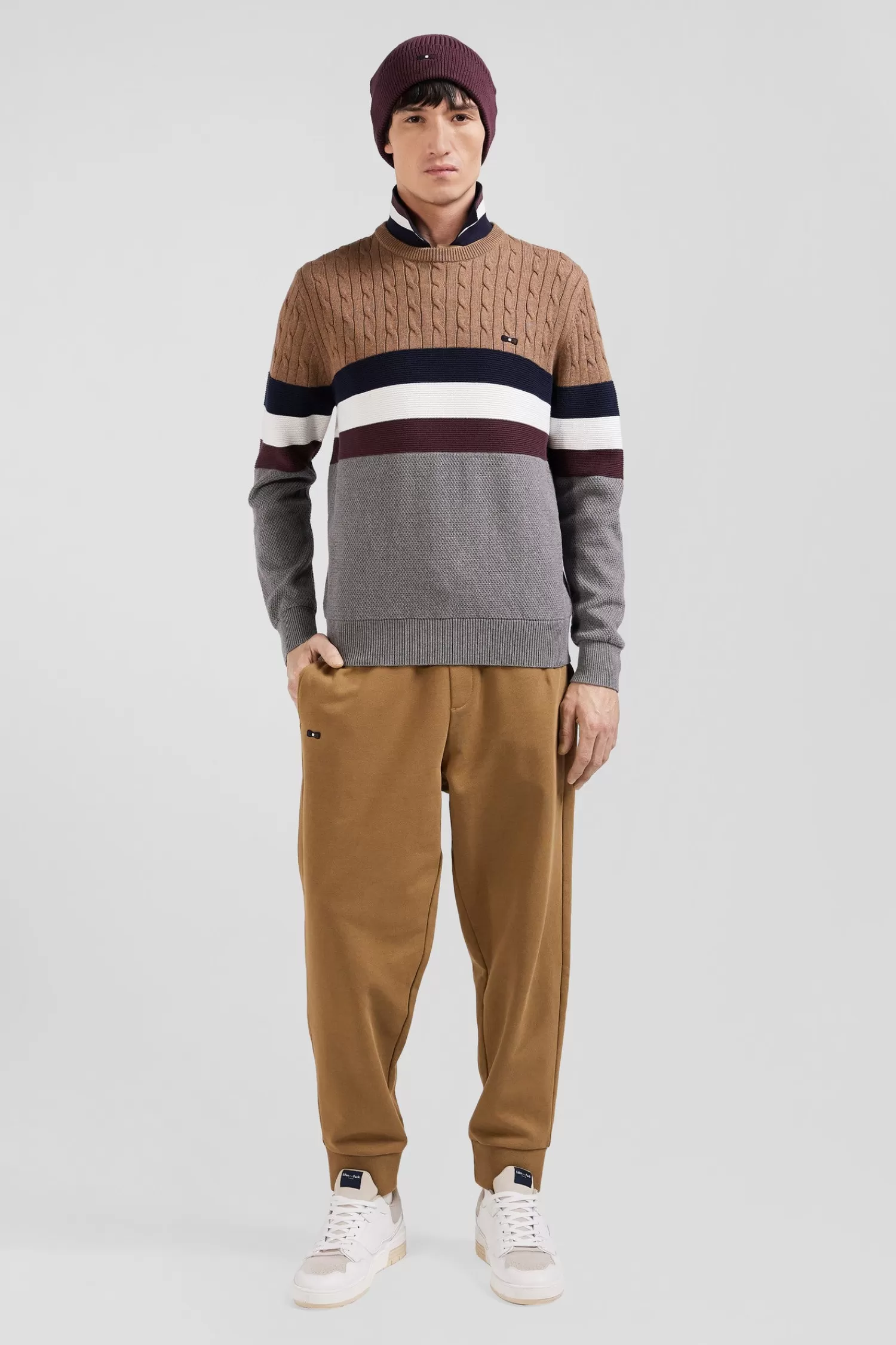 Eden Park Regular camel fancy knit cotton crew neck jumper< Sweaters