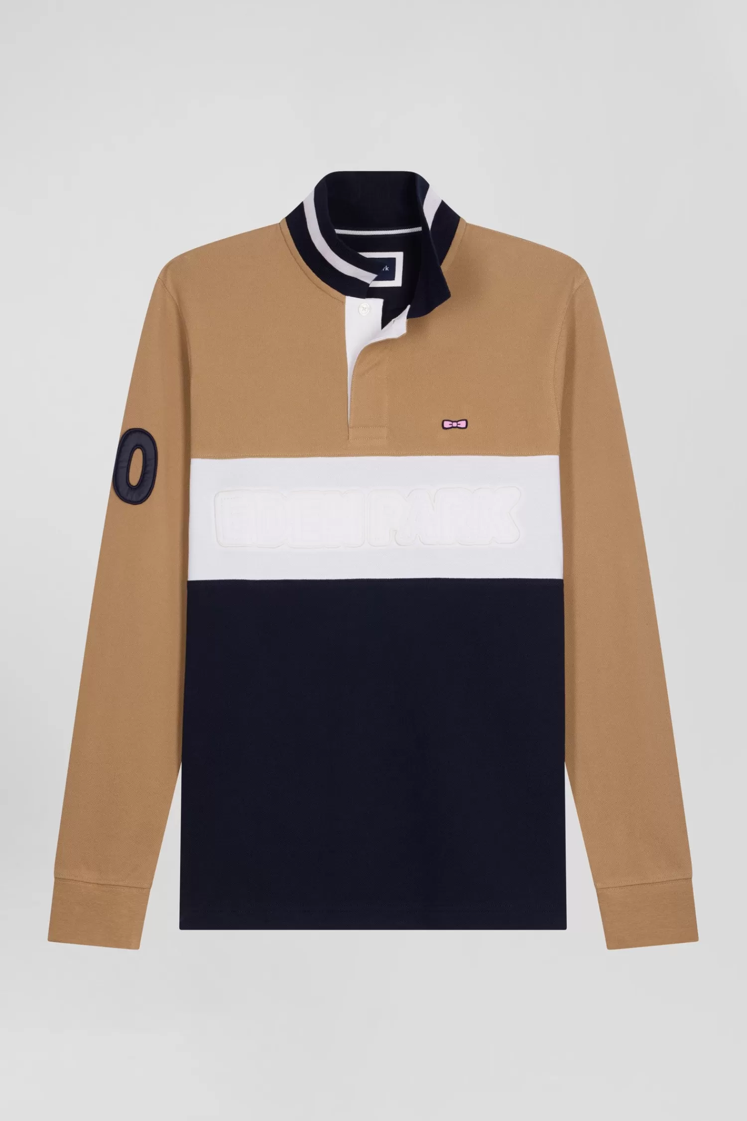 Eden Park Regular camel long-sleeved cotton piqué polo shirt with padded embroidery< Polos