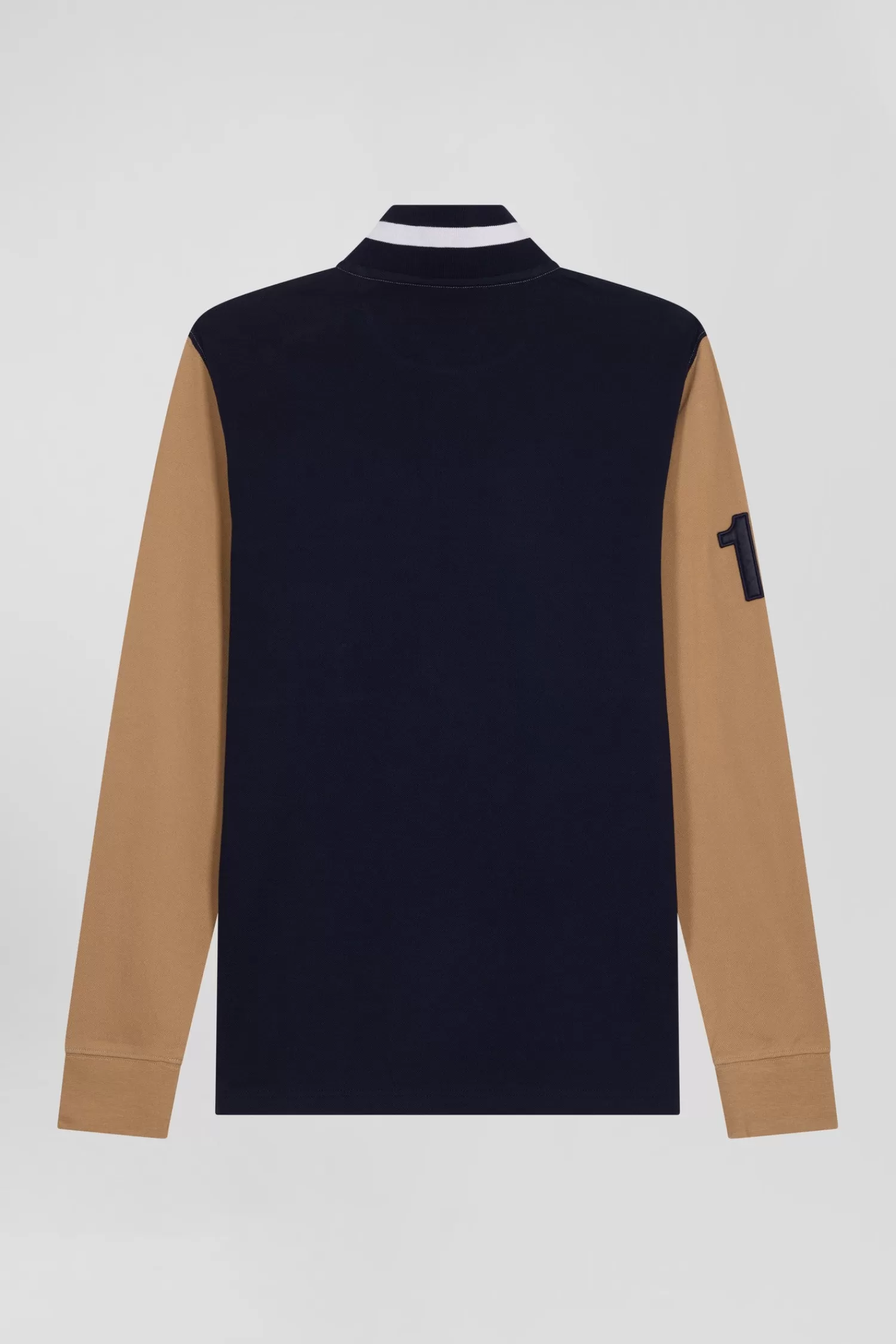 Eden Park Regular camel long-sleeved cotton piqué polo shirt with padded embroidery< Polos