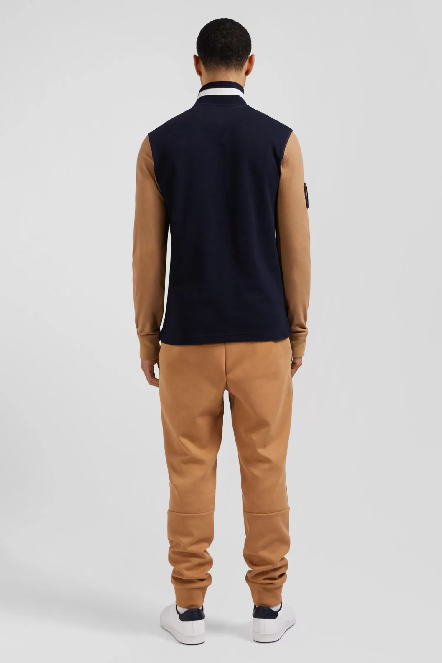 Eden Park Regular camel long-sleeved cotton piqué polo shirt with padded embroidery< Polos