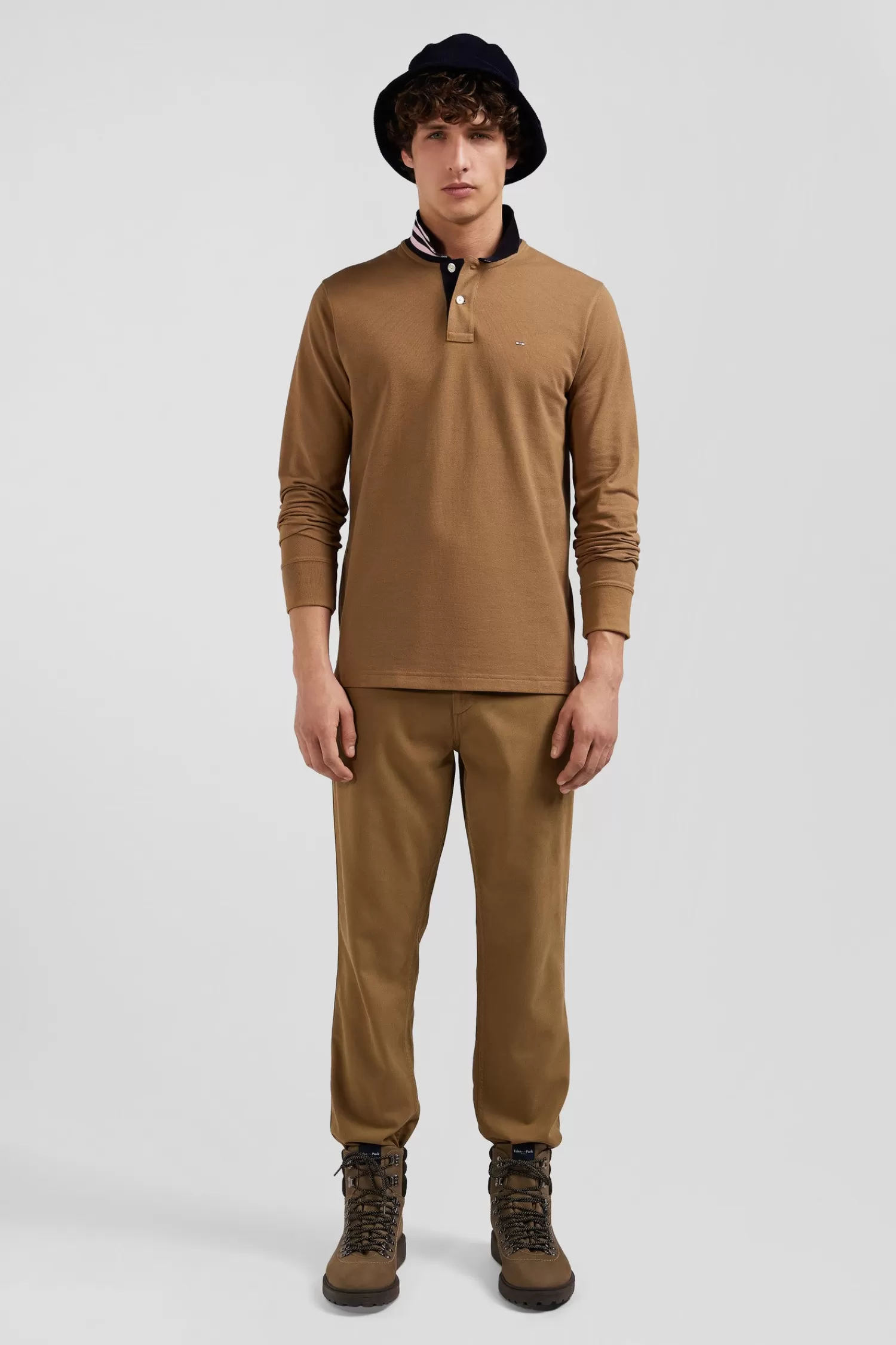 Eden Park Regular camel long-sleeved cotton piqué polo shirt with striped collar< Polos