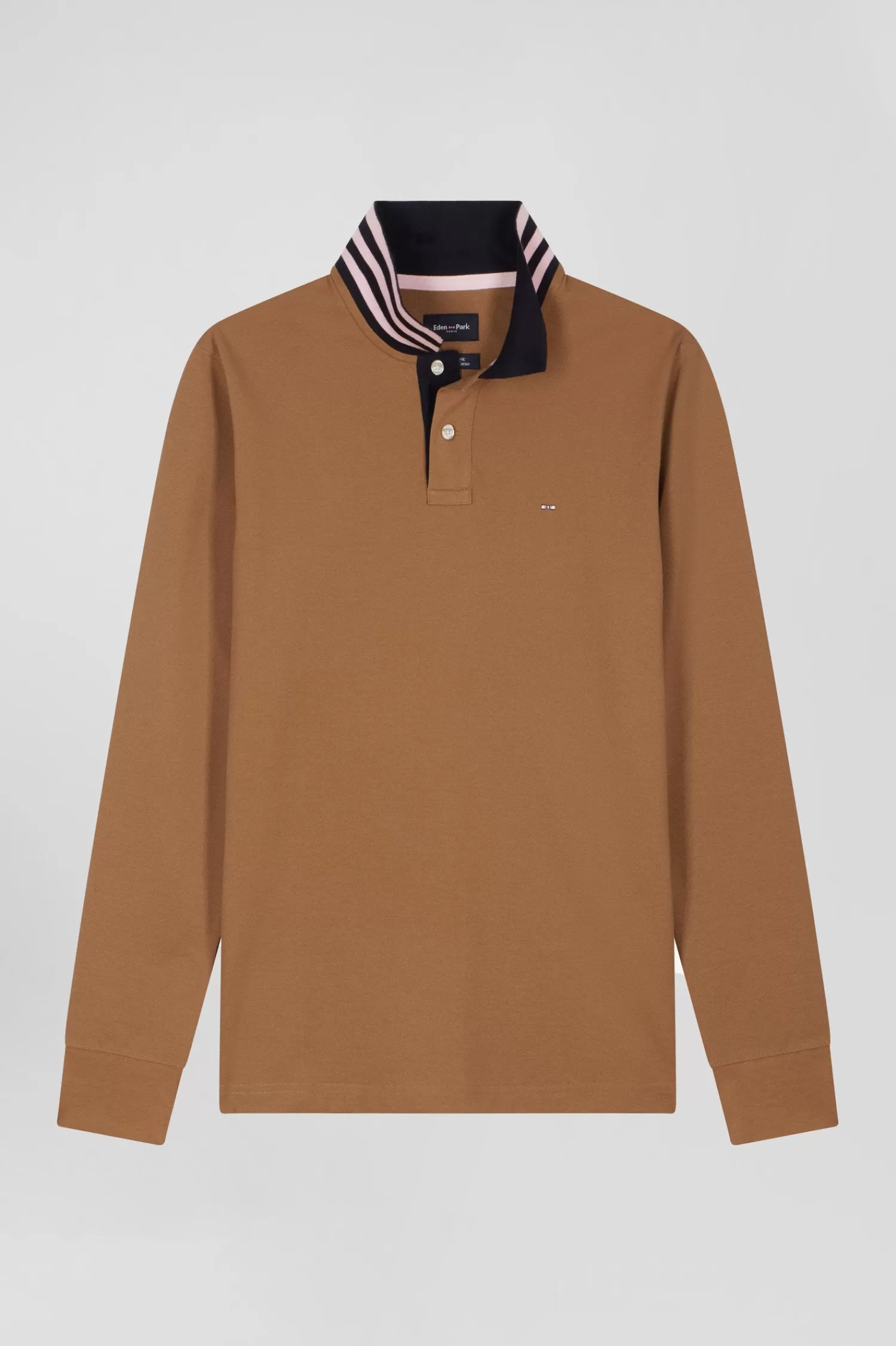 Eden Park Regular camel long-sleeved cotton piqué polo shirt with striped collar< Polos