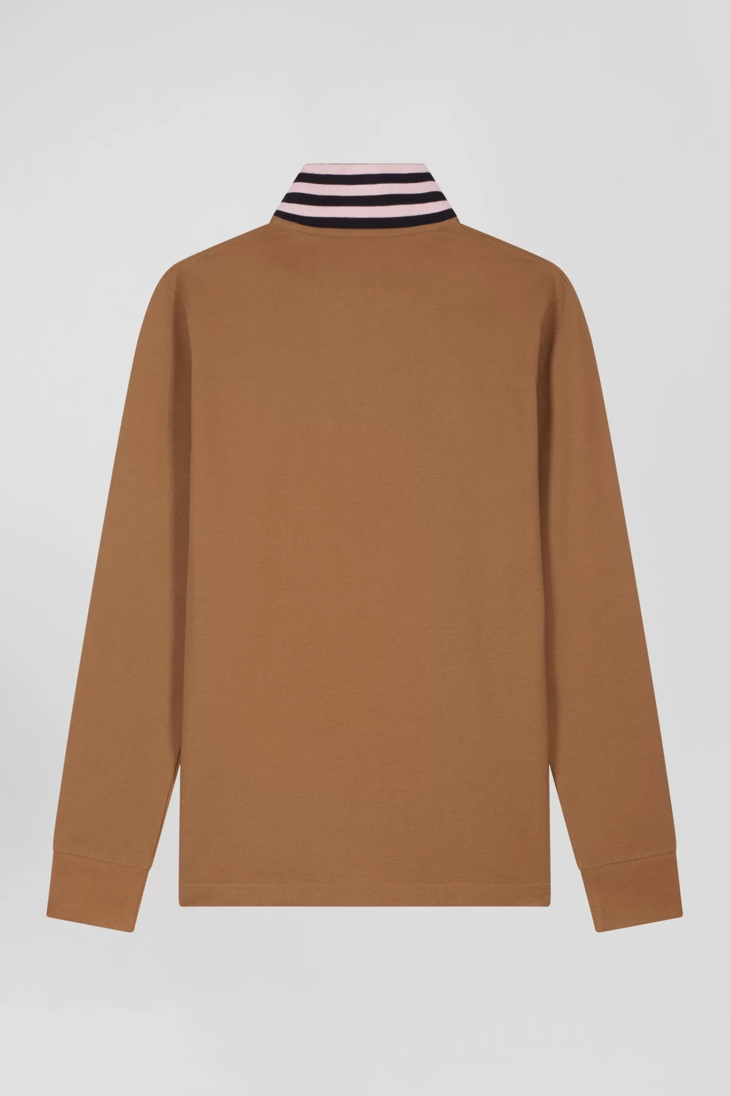 Eden Park Regular camel long-sleeved cotton piqué polo shirt with striped collar< Polos