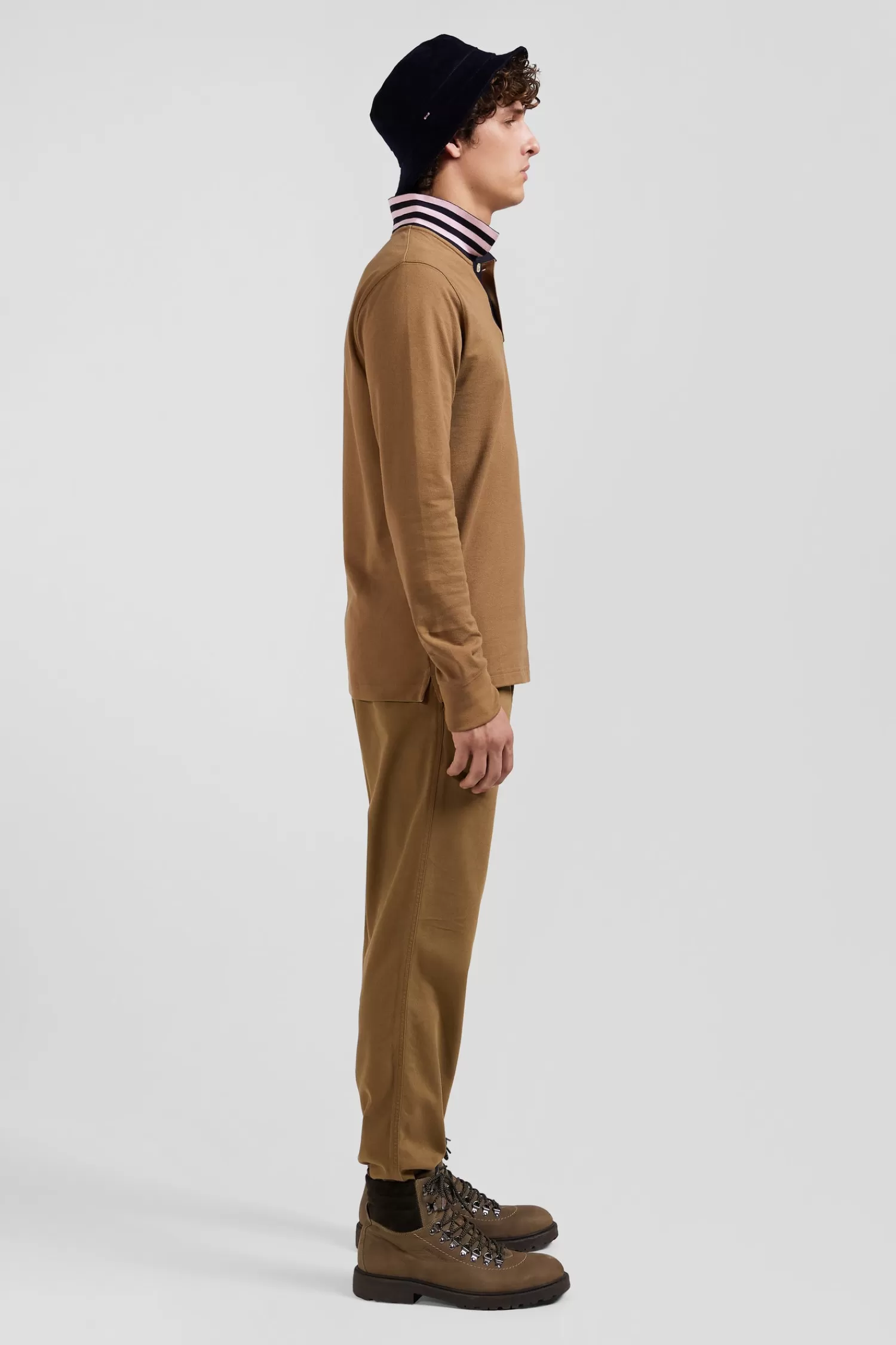 Eden Park Regular camel long-sleeved cotton piqué polo shirt with striped collar< Polos