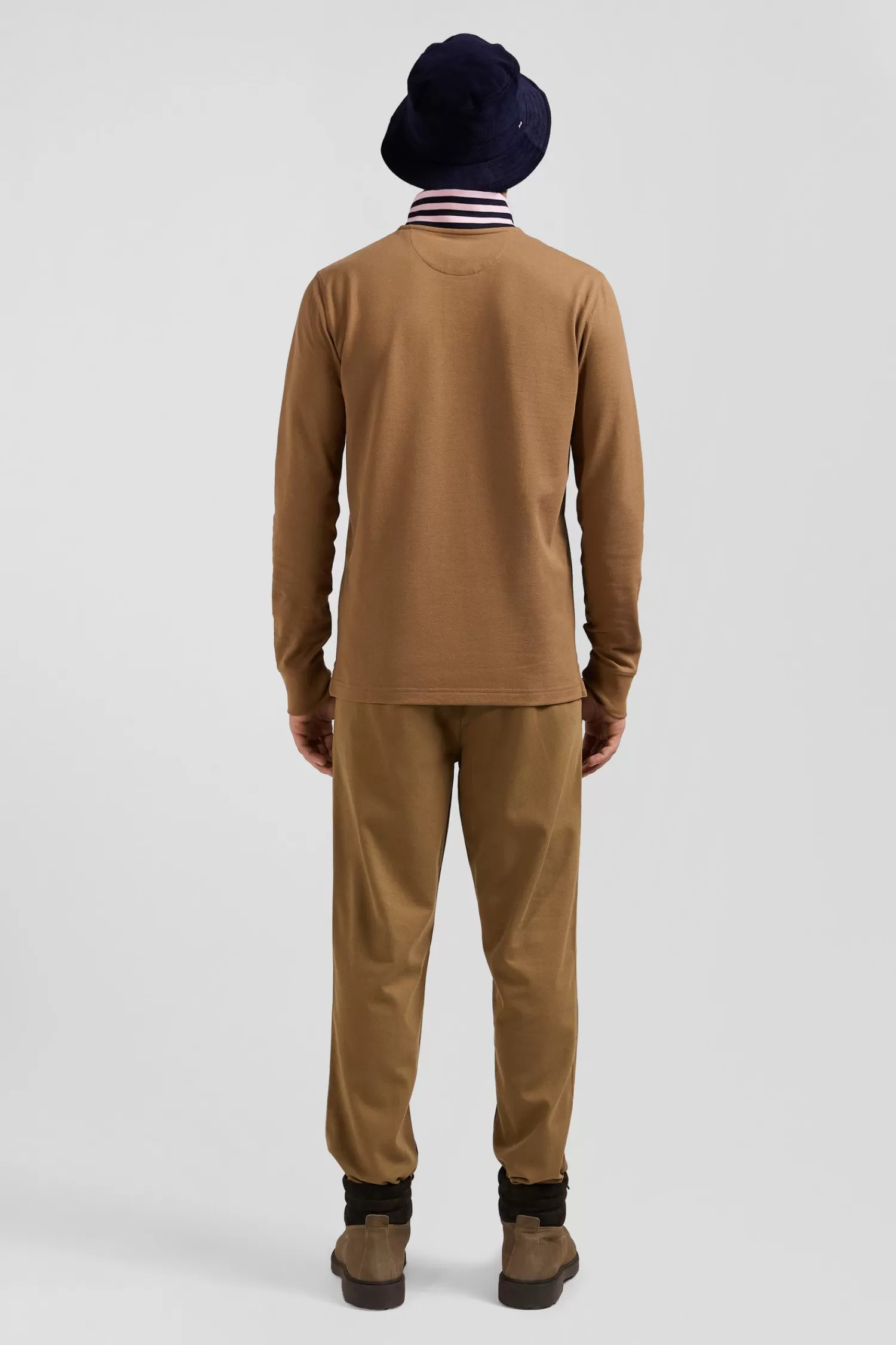 Eden Park Regular camel long-sleeved cotton piqué polo shirt with striped collar< Polos