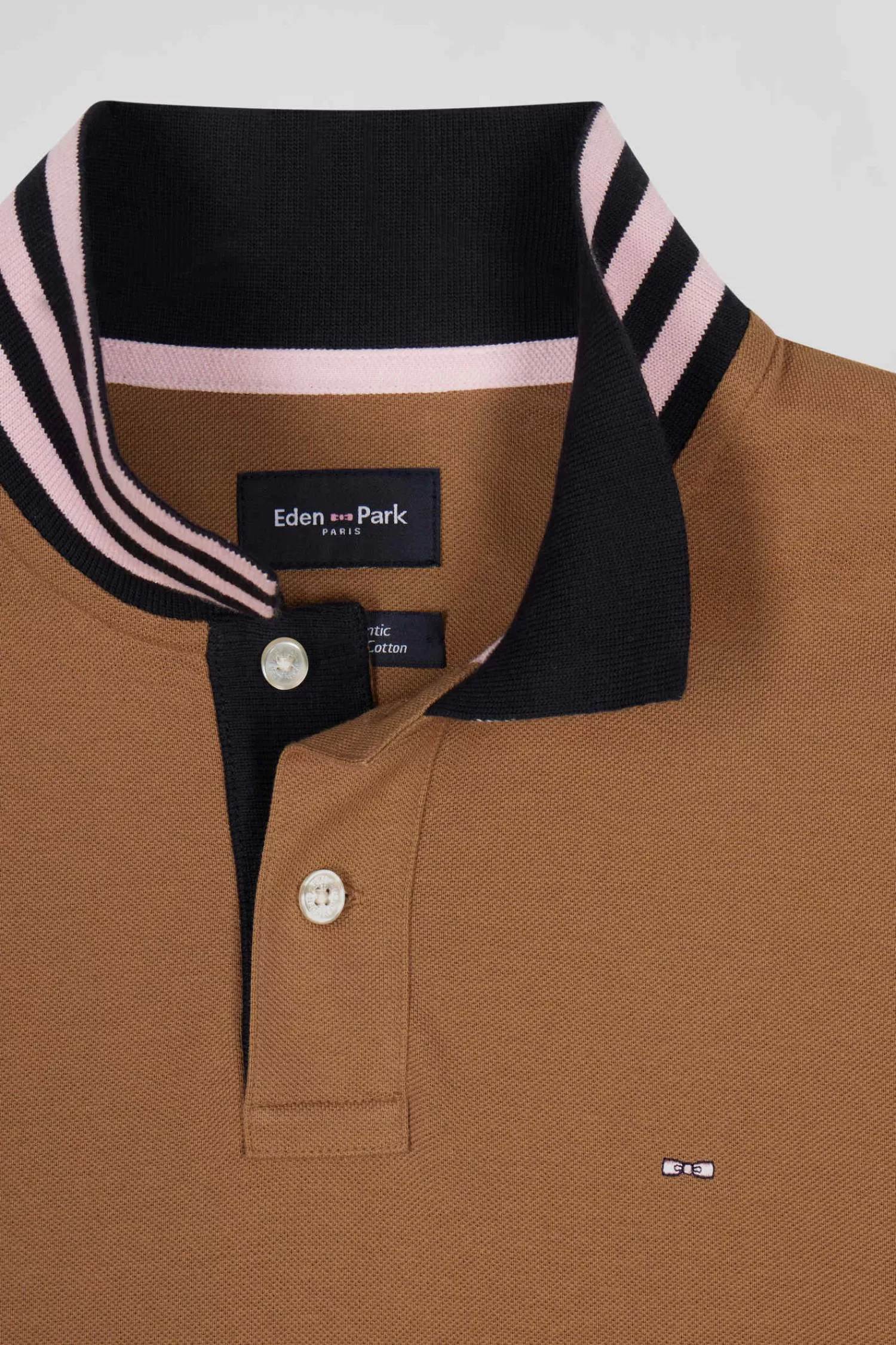 Eden Park Regular camel long-sleeved cotton piqué polo shirt with striped collar< Polos
