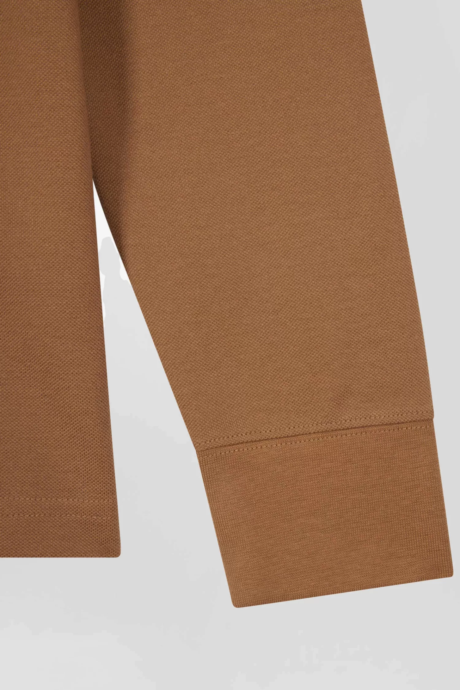 Eden Park Regular camel long-sleeved cotton piqué polo shirt with striped collar< Polos