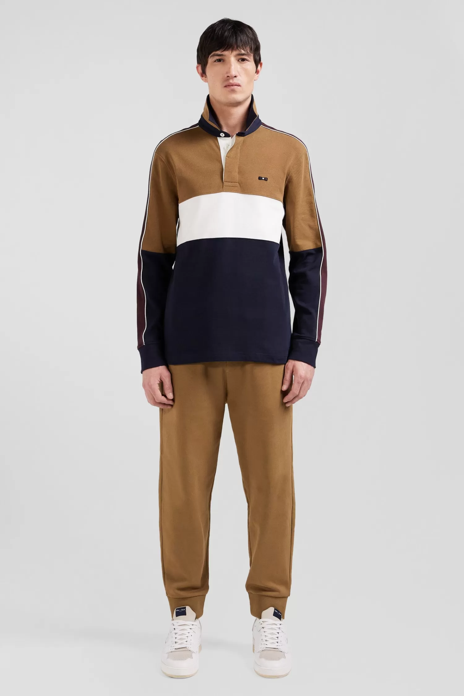 Eden Park Regular camel long-sleeved cotton rugby shirt with back embroidery and piping< Rugby Shirts