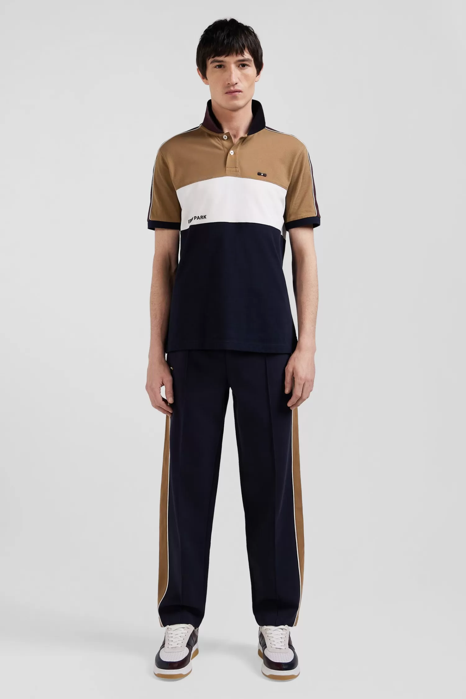 Eden Park Regular camel tricolor short-sleeved cotton piqué polo shirt with lettering< Polos